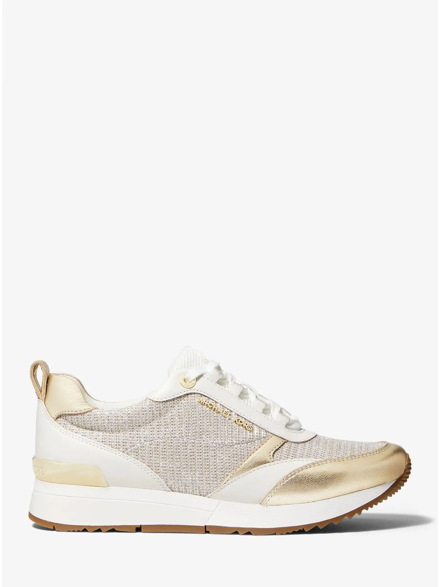 allie stride leather and glitter chain mesh trainer champagne