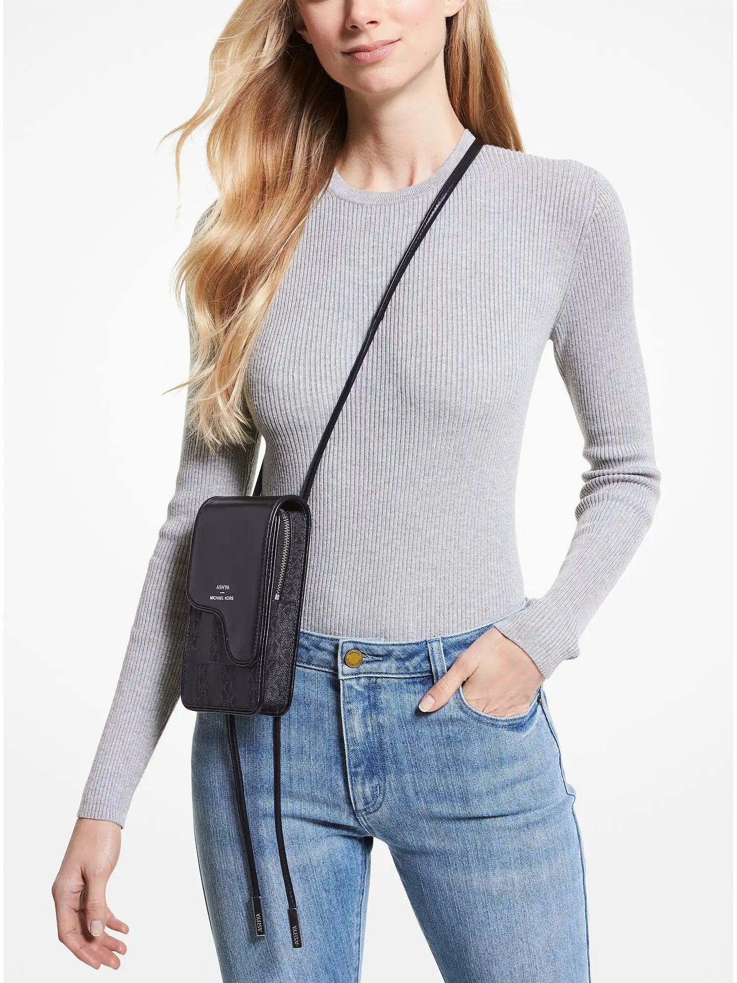 ashya x michael kors saga signature and leather bolo bag black combo