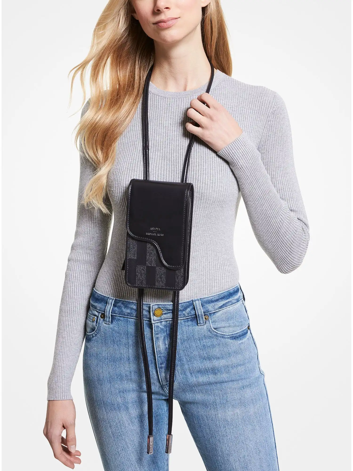 ashya x michael kors saga signature and leather bolo bag black combo