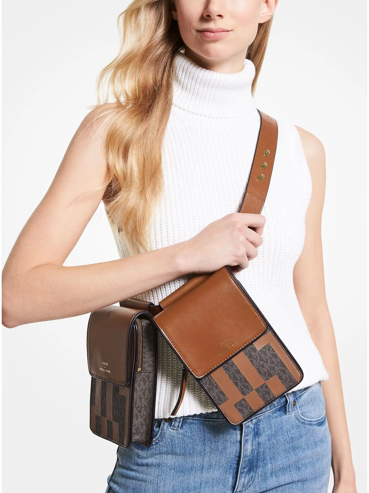 ashya x michael kors saga signature and leather multi bag brown multi