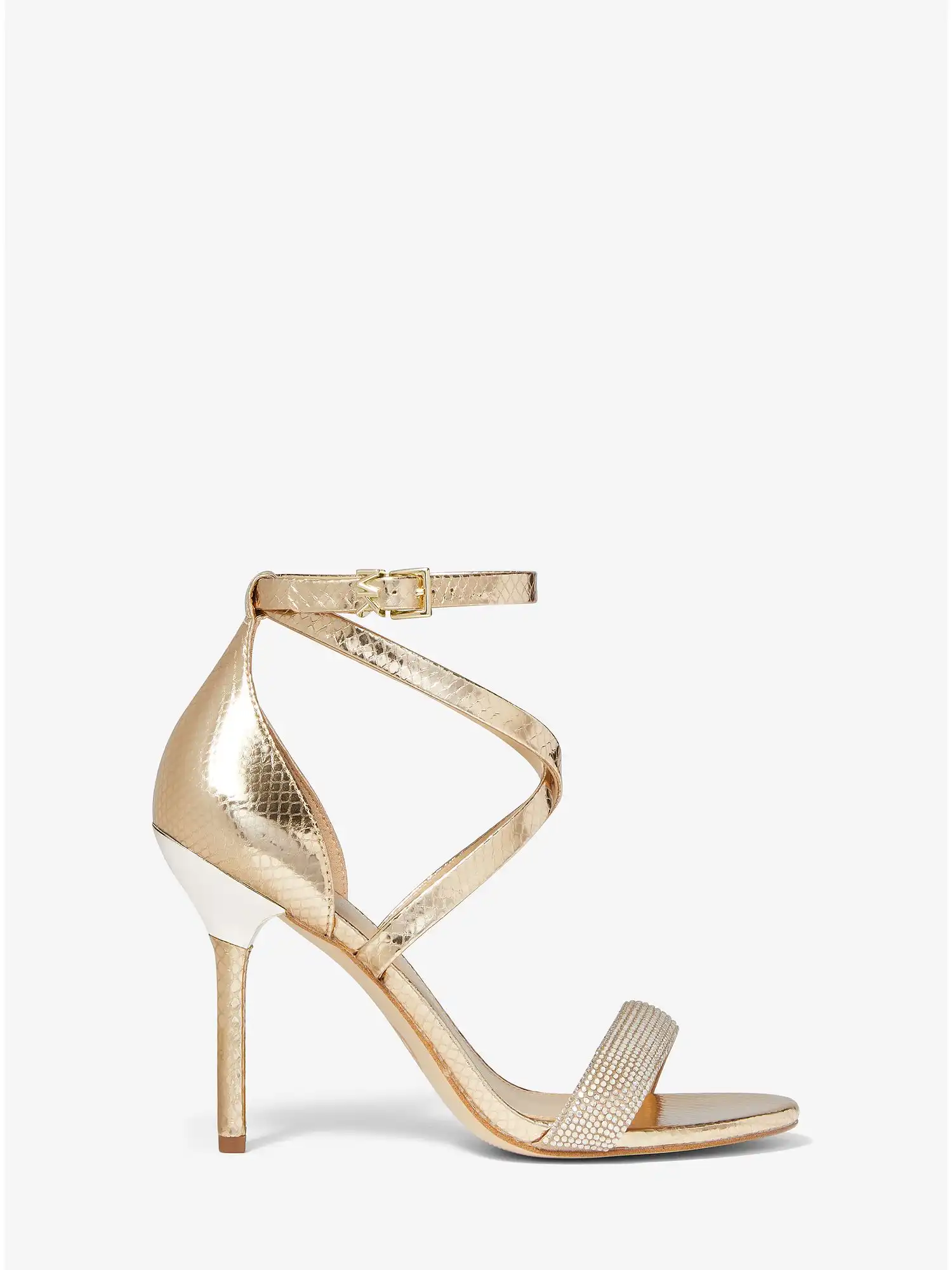 astrid embellished metallic snake embossed leather sandal pale gold