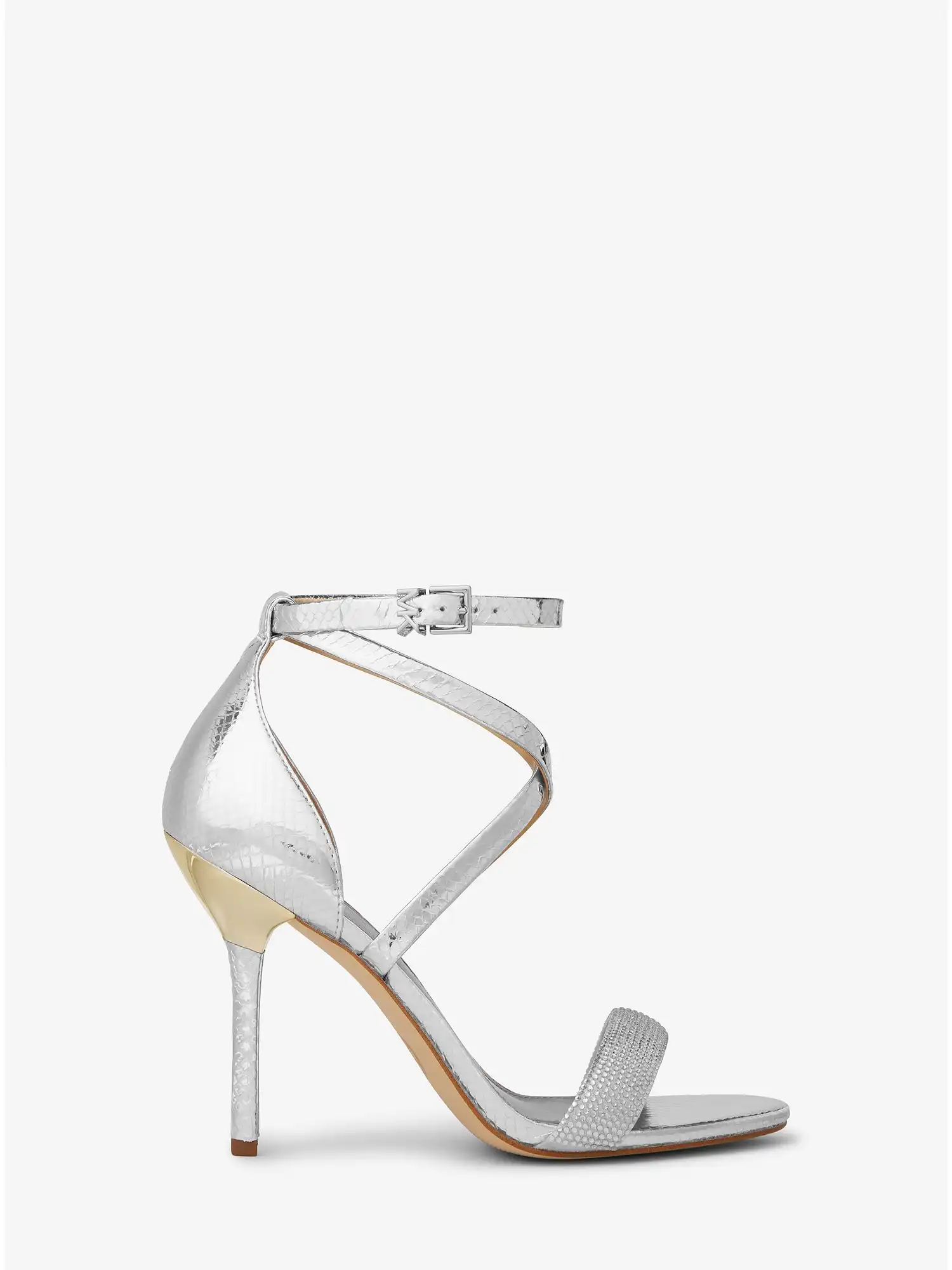 astrid embellished metallic snake embossed leather sandal silver