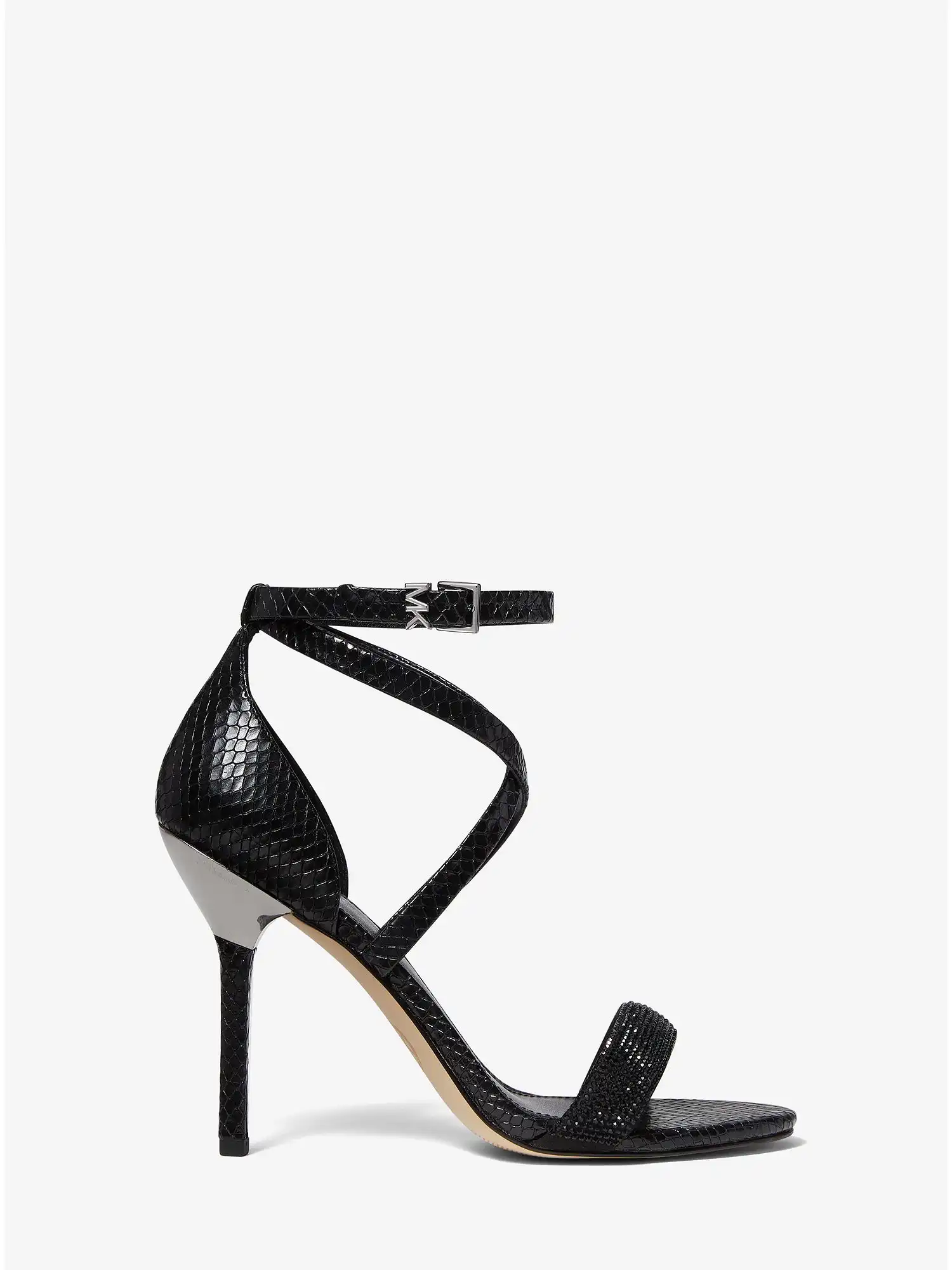 astrid embellished snake embossed leather sandal black