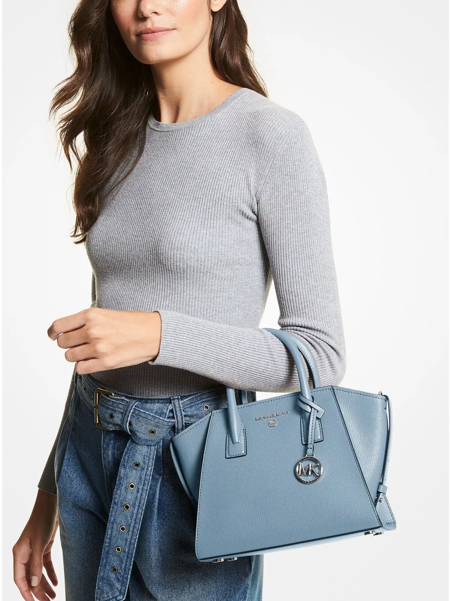 avril small leather top zip satchel chambray