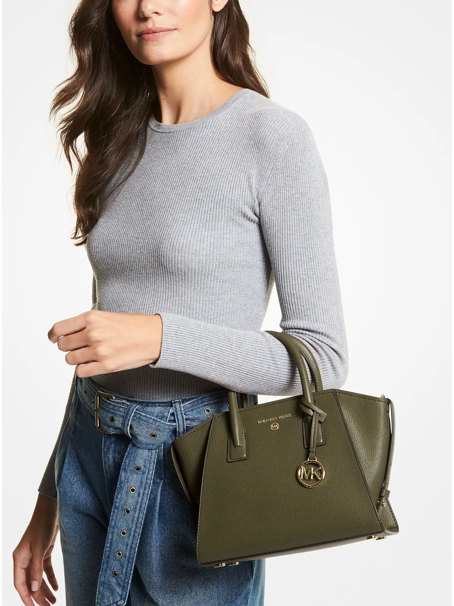 avril small leather top zip satchel olive