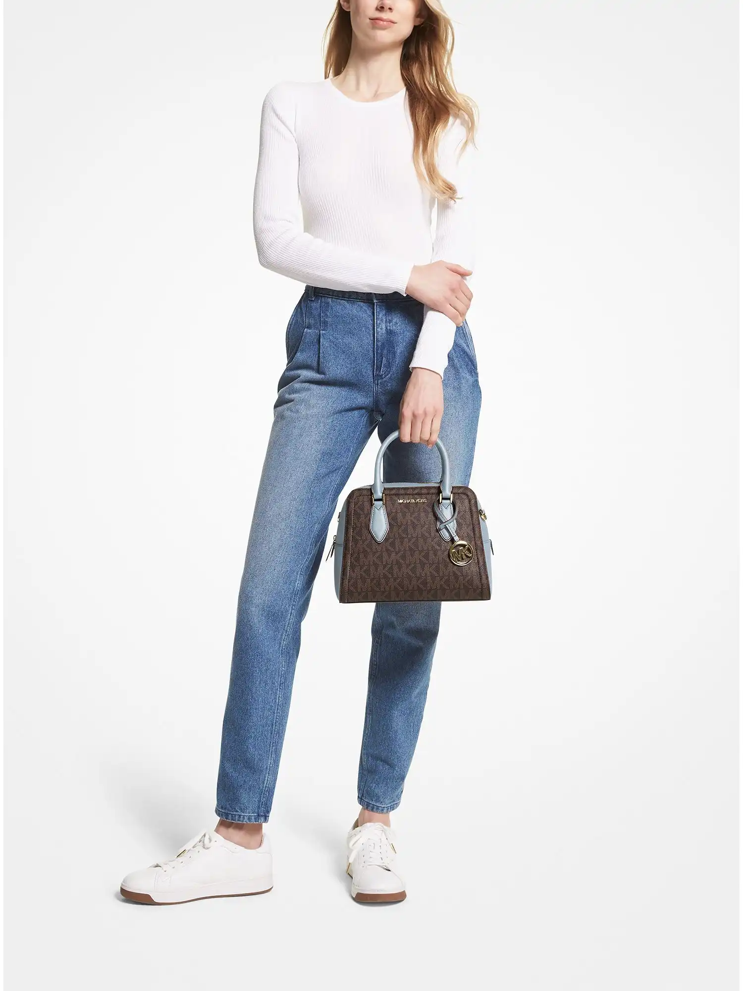 ayden medium logo and faux leather satchel pale blue