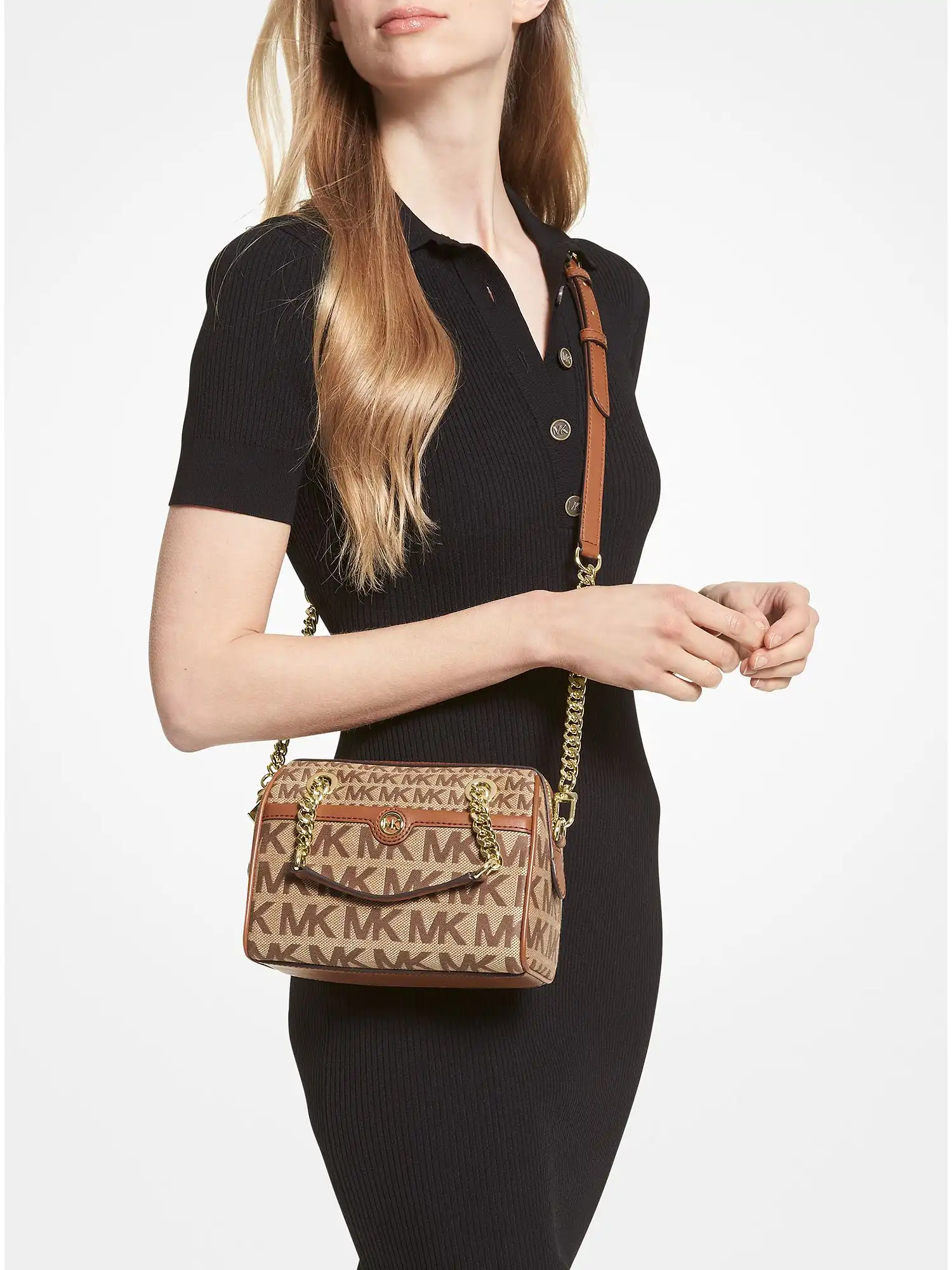 blaire extra small logo jacquard duffel crossbody bag beige ebony brown