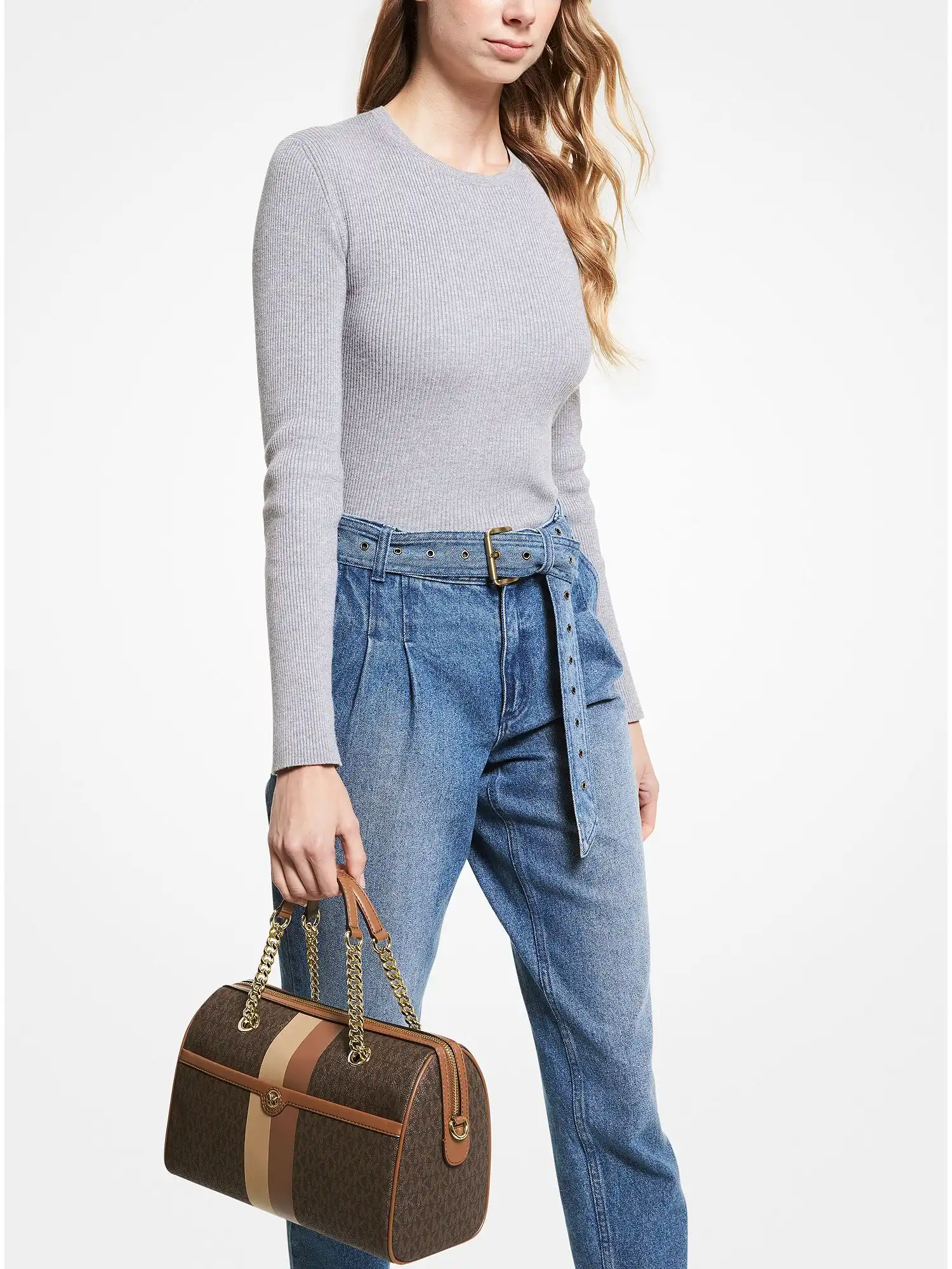 blaire medium logo stripe satchel brown luggage