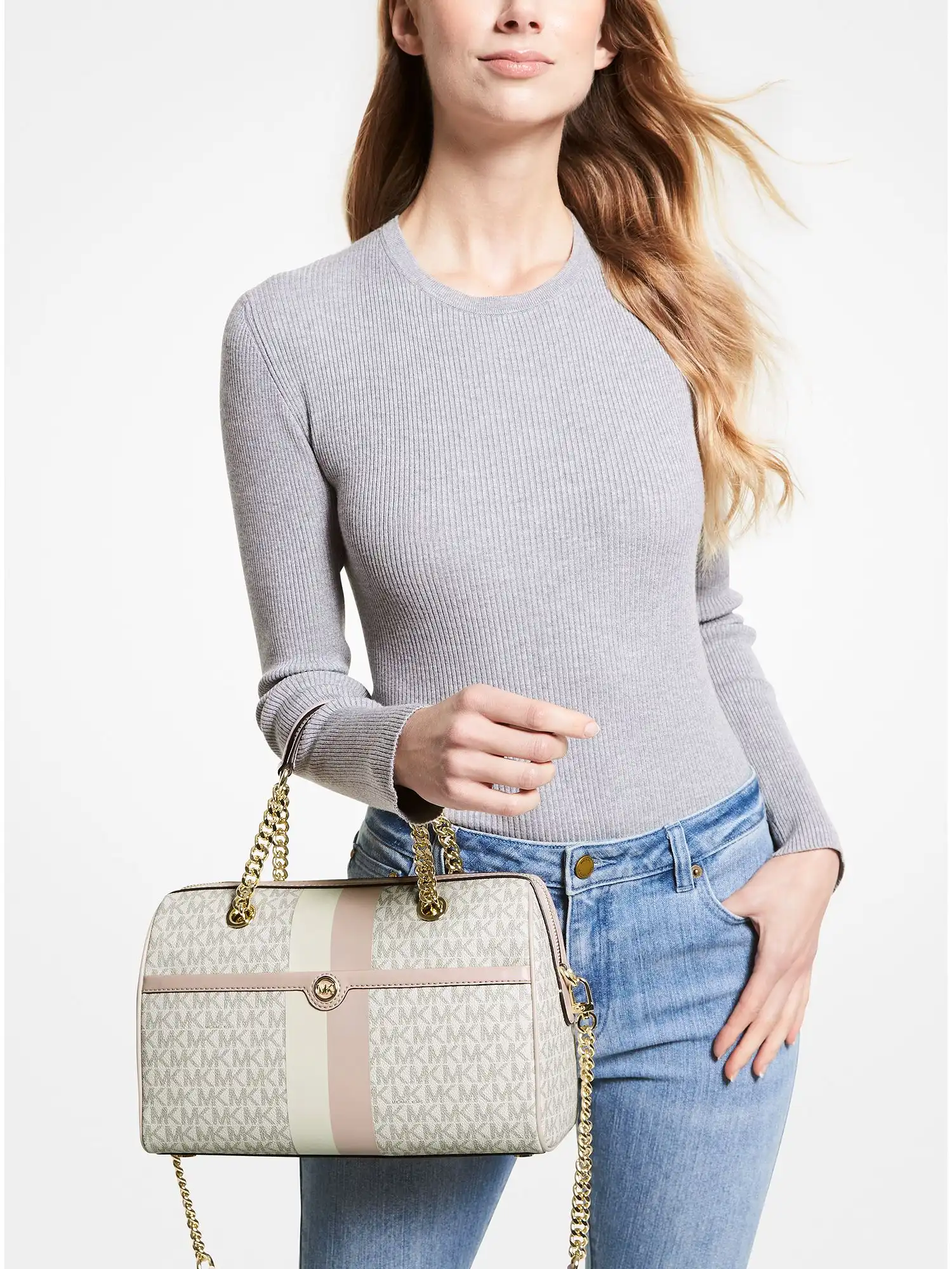 blaire medium logo stripe satchel vanilla soft pink