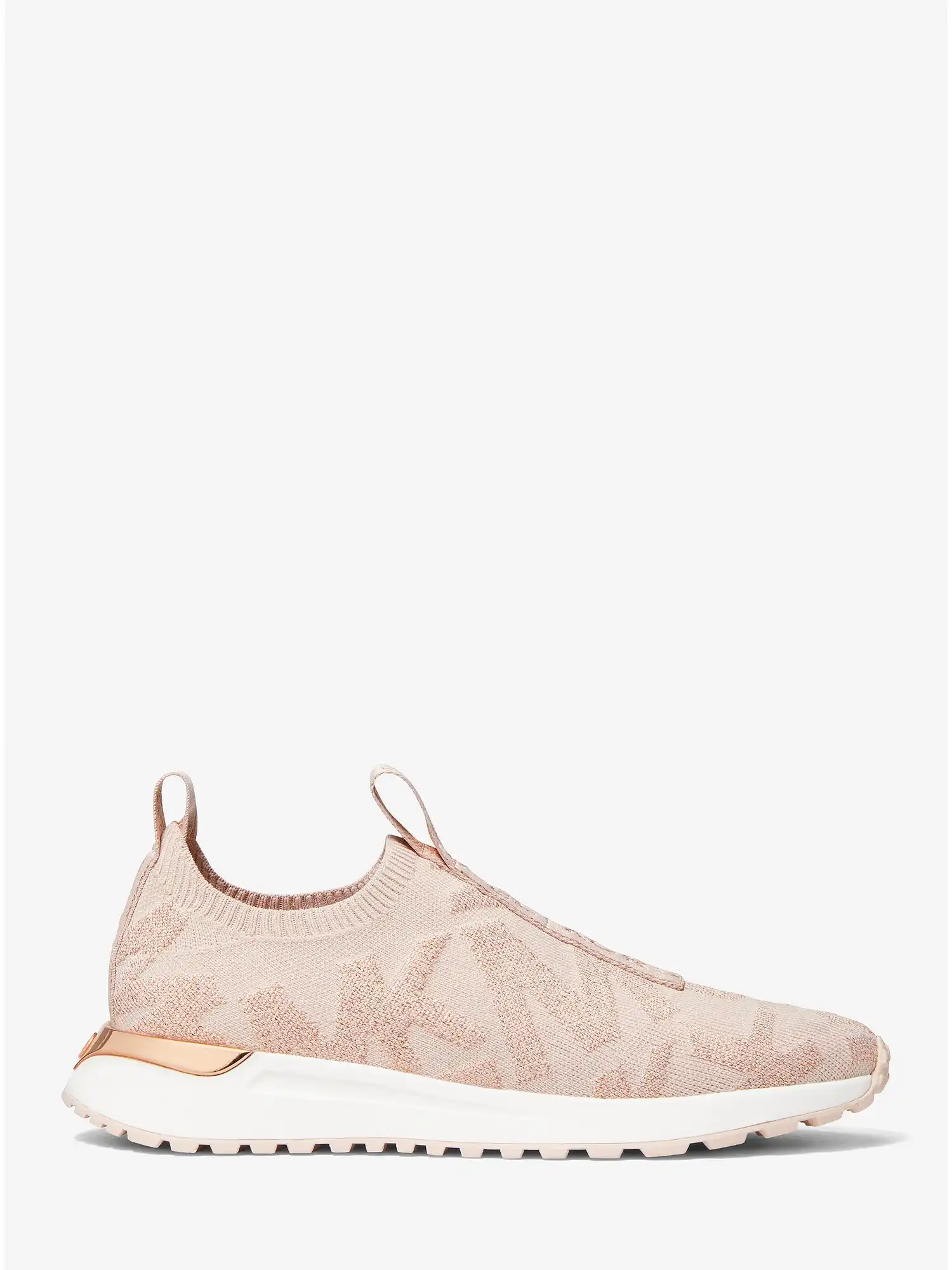 bodie metallic logo knit slip on trainer rose gold