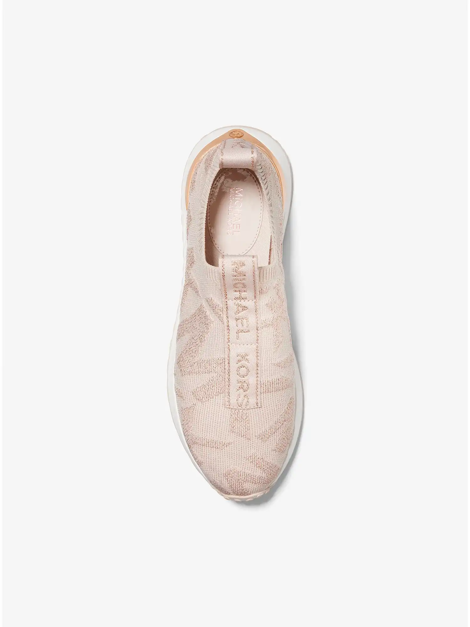 bodie metallic logo knit slip on trainer rose gold
