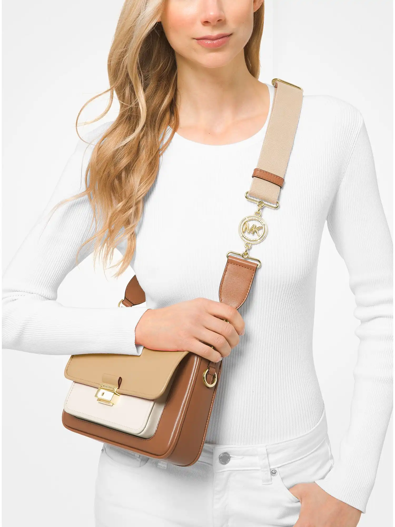 bradshaw medium color block leather messenger bag camel combo