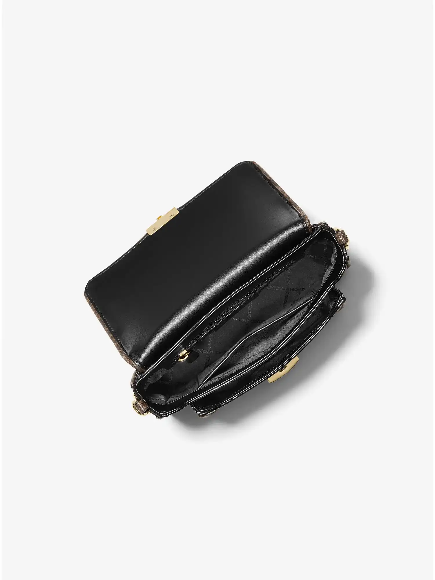 bradshaw medium logo embossed patent leather messenger bag black