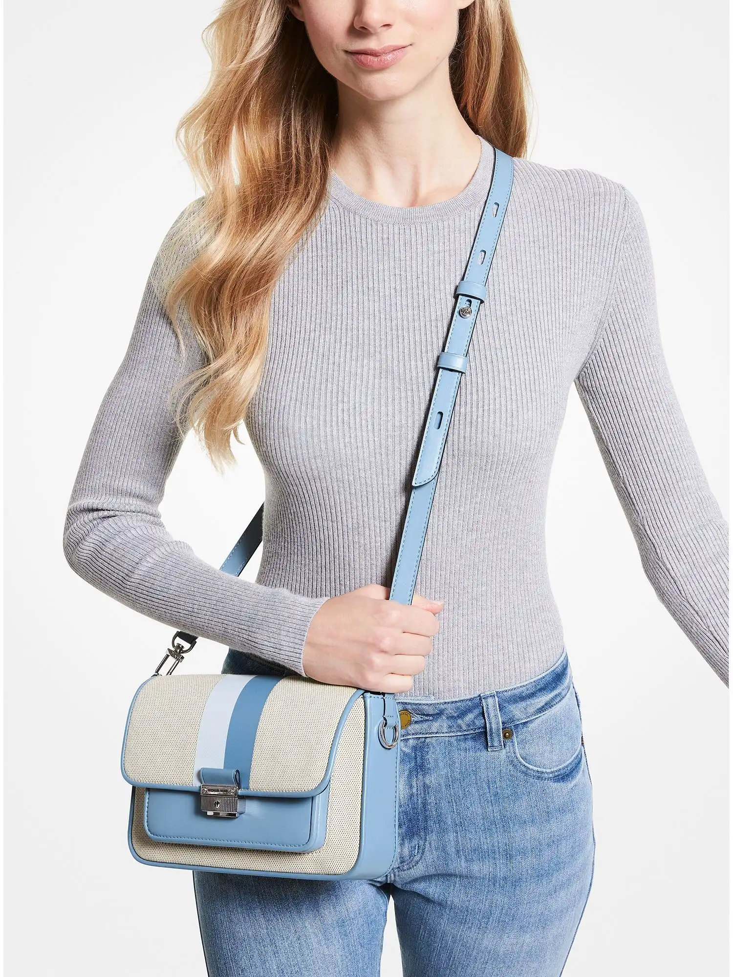 bradshaw medium striped canvas and faux leather messenger bag chambray multi