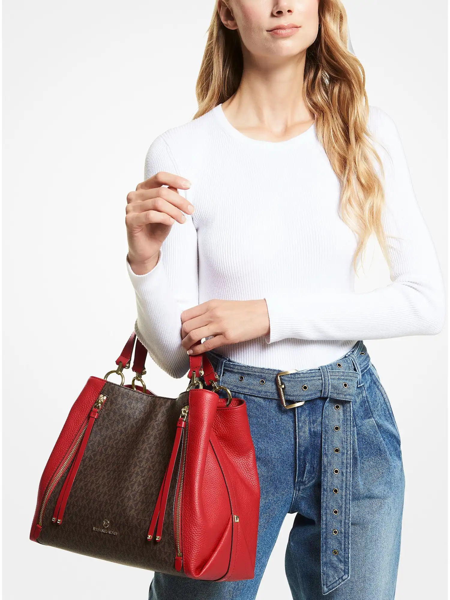 brooklyn large logo and pebbled leather tote bag crimson