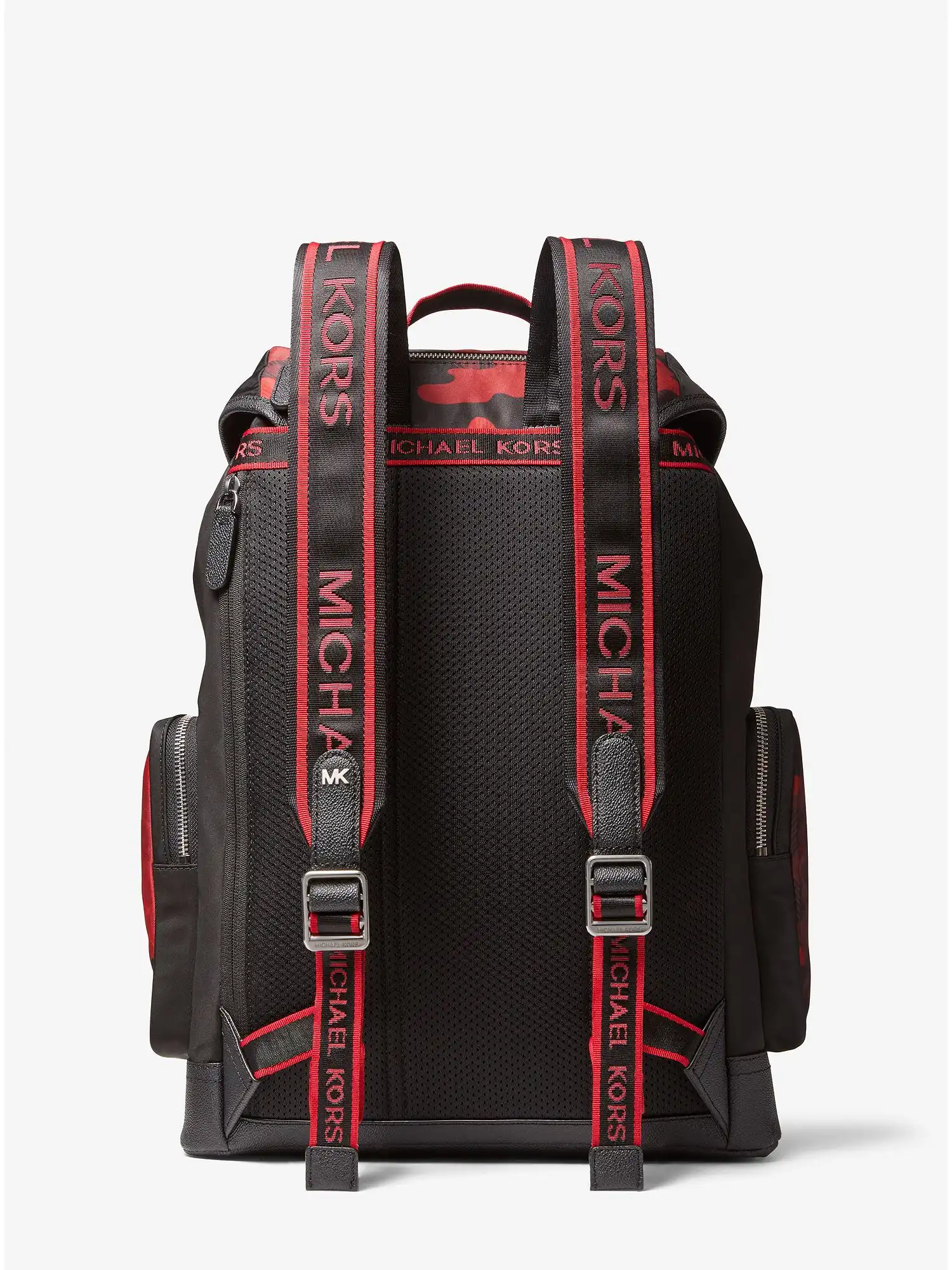 brooklyn logo tape camouflage printed woven backpack red multi