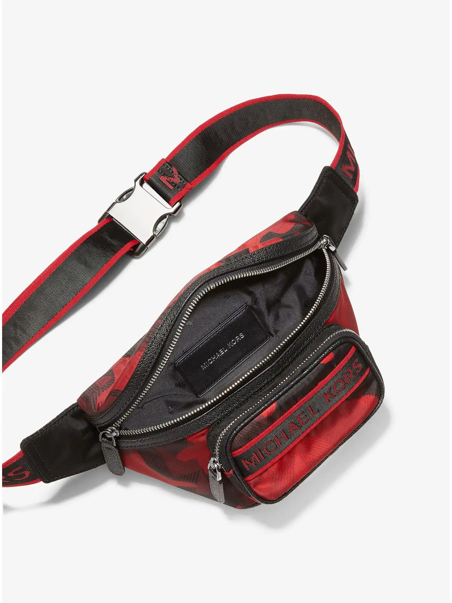 brooklyn logo tape printed woven belt bag red multi