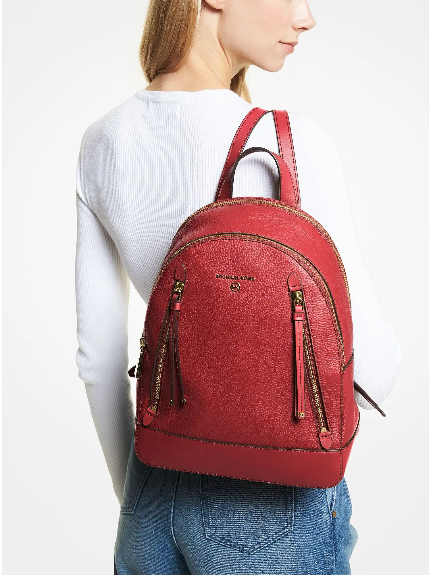 brooklyn medium pebbled leather backpack crimson