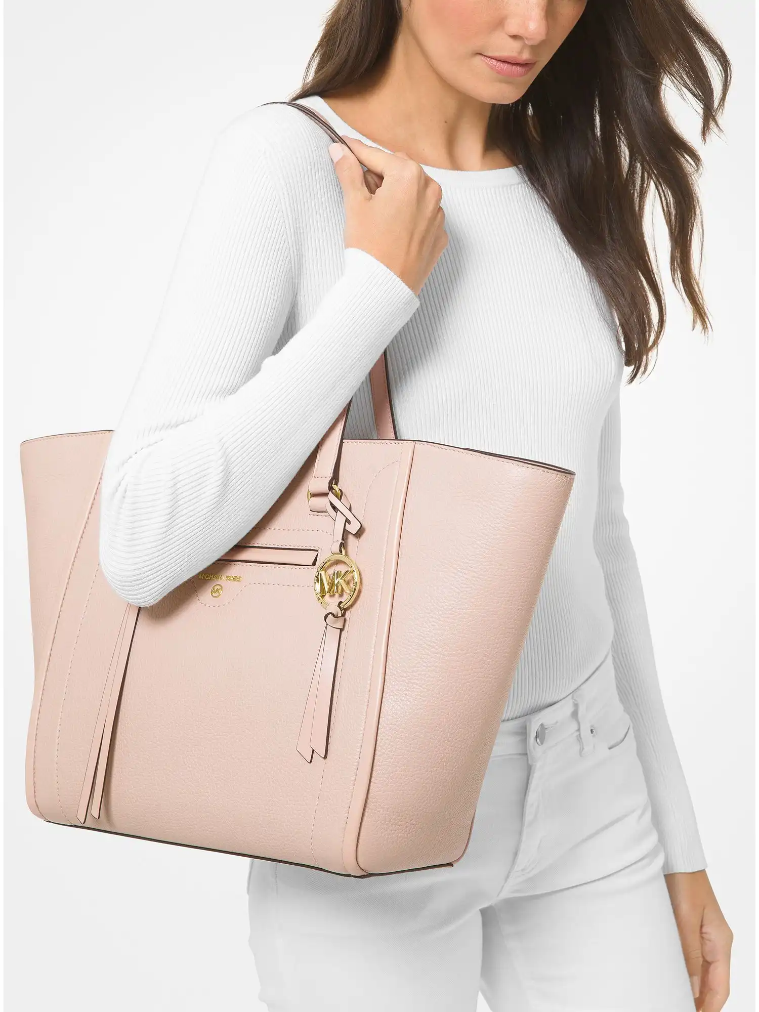 carine large pebbled leather tote bag soft pink