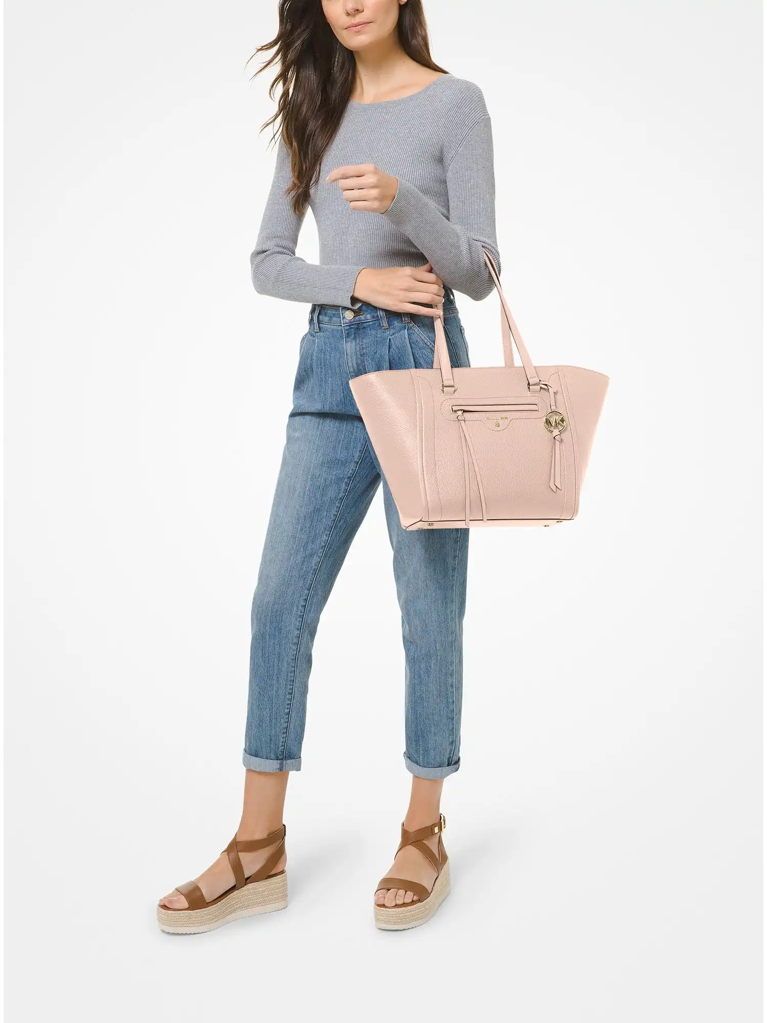 carine medium pebbled leather tote bag soft pink