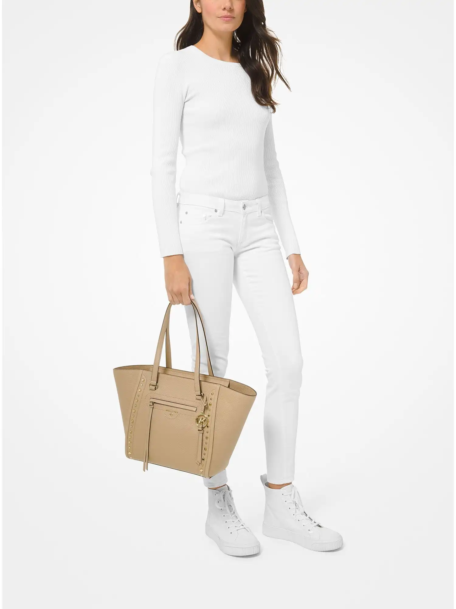 carine medium studded pebbled leather tote bag camel