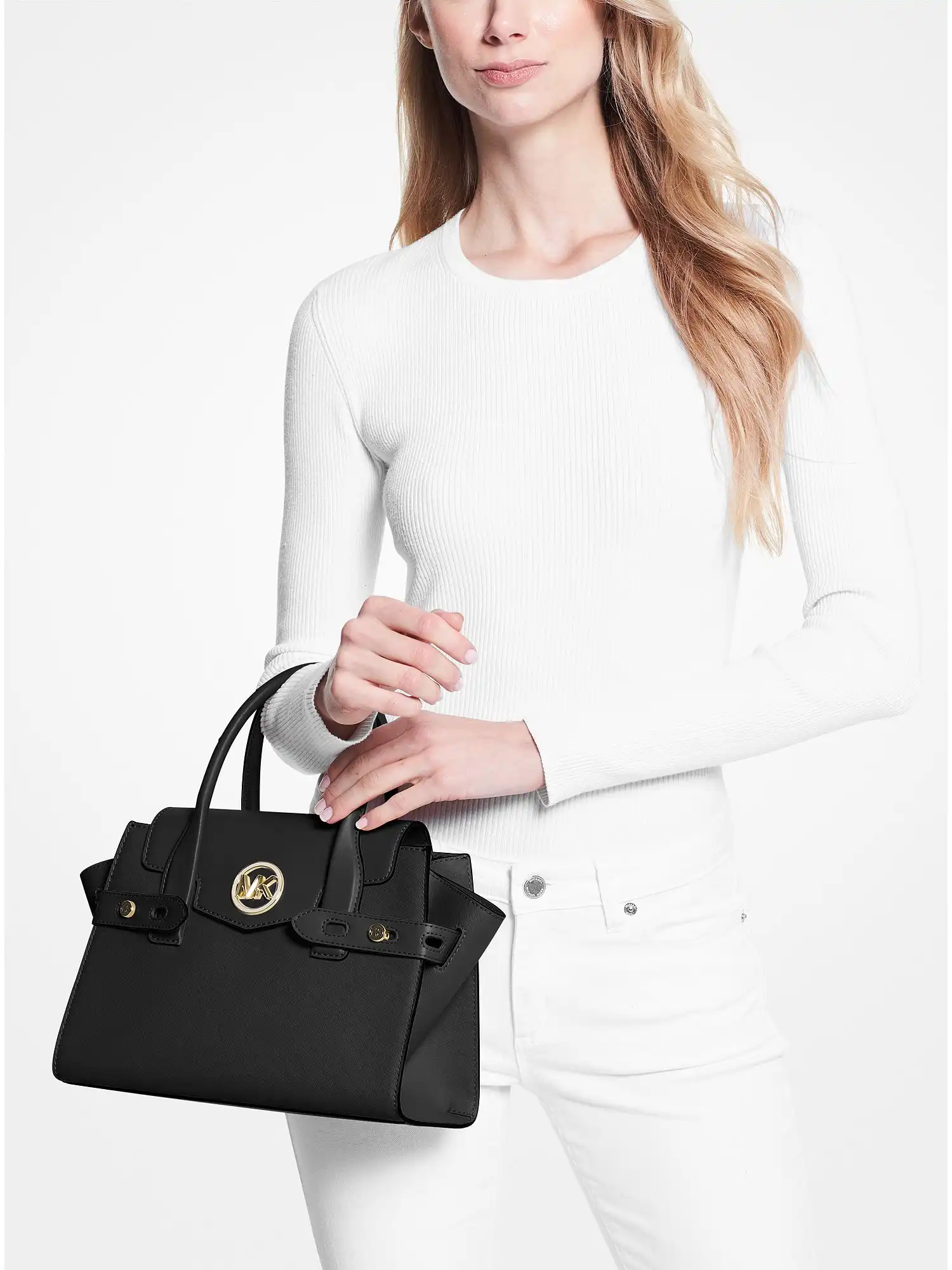 carmen medium faux leather belted satchel black