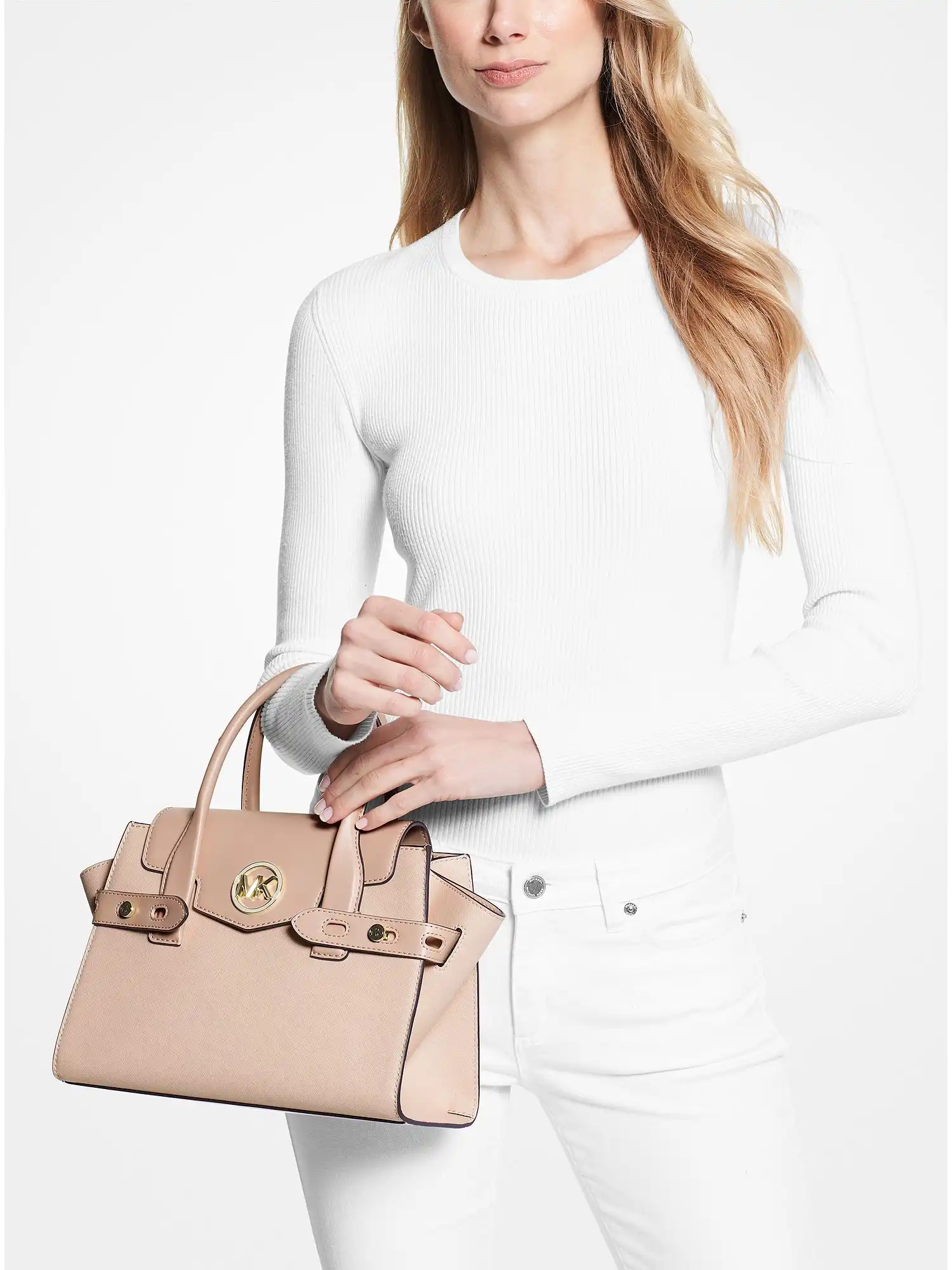 carmen medium faux leather belted satchel buff