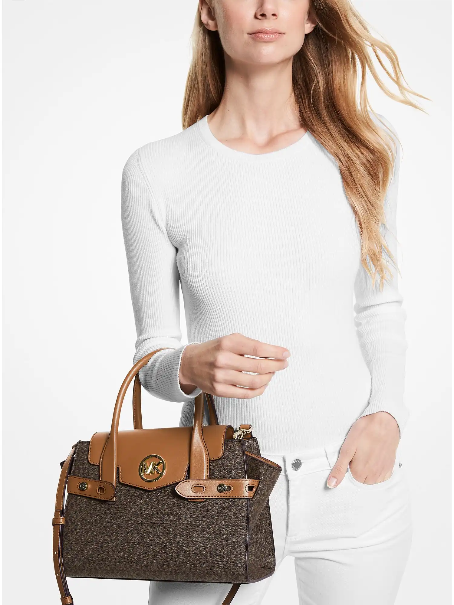 carmen medium logo and faux leather belted satchel brown
