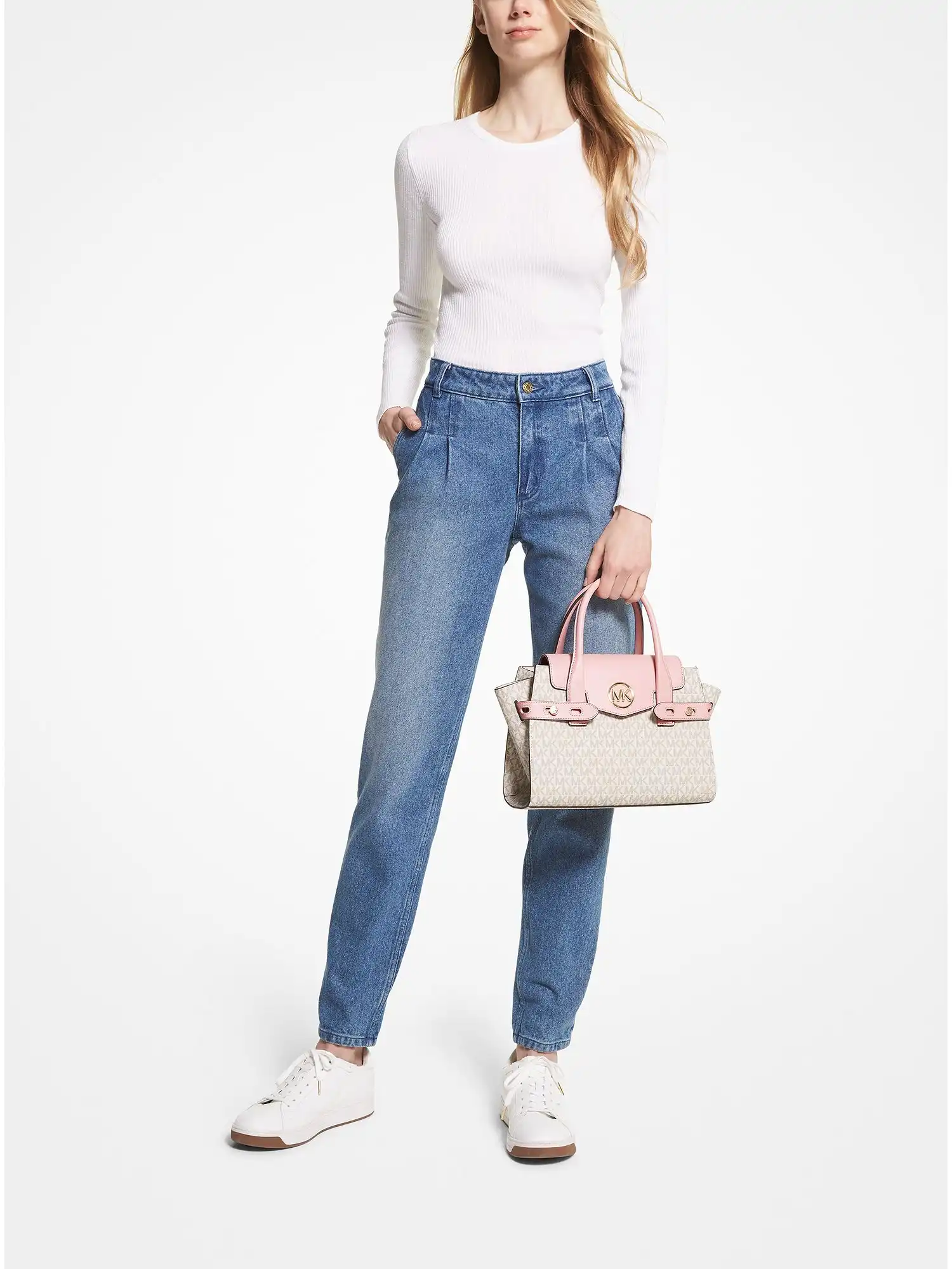 carmen medium logo and faux leather belted satchel pwd blsh mlt