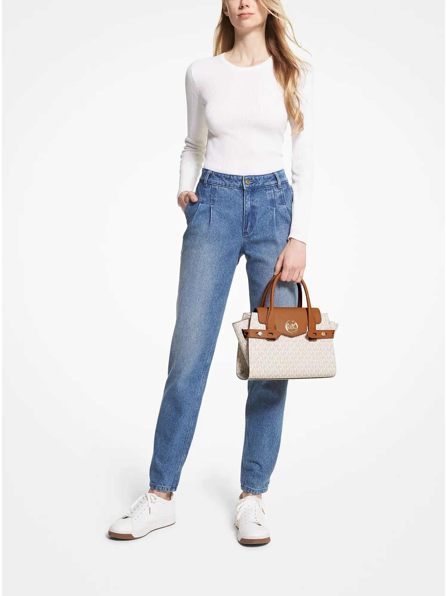 carmen medium logo and faux leather belted satchel vanilla