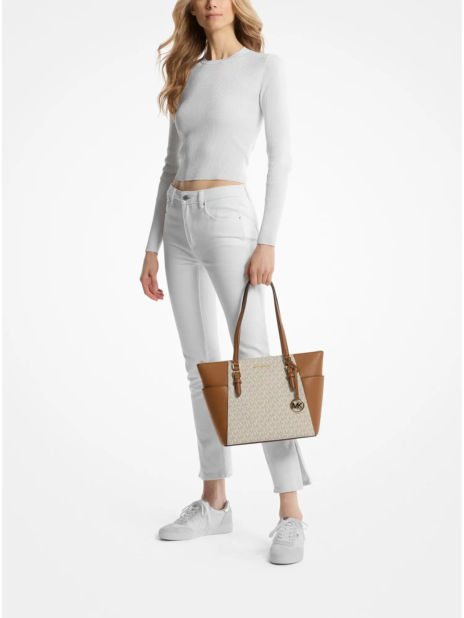 charlotte large logo and leather top zip tote bag vanilla