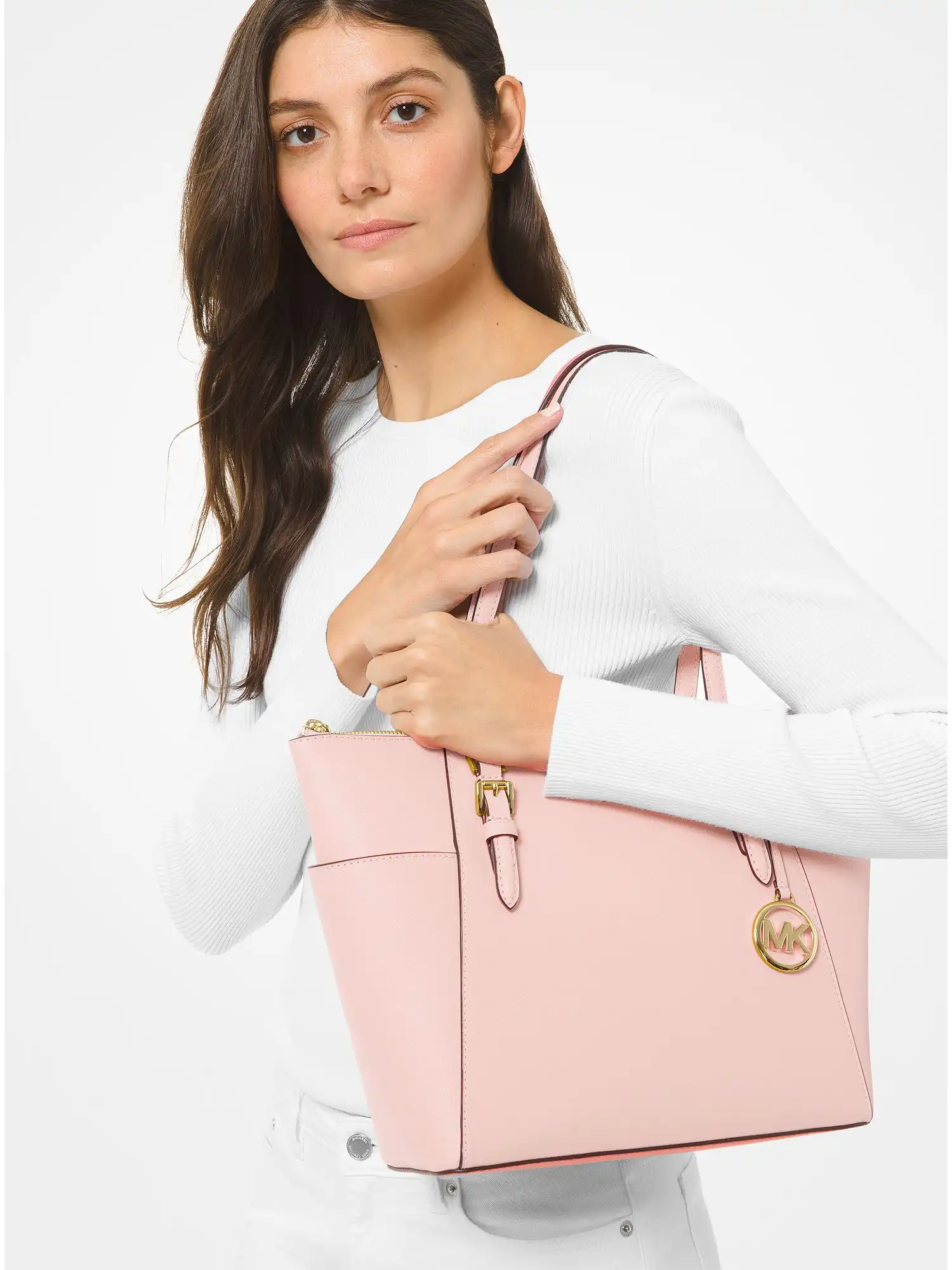charlotte large saffiano leather top zip tote bag powder blush