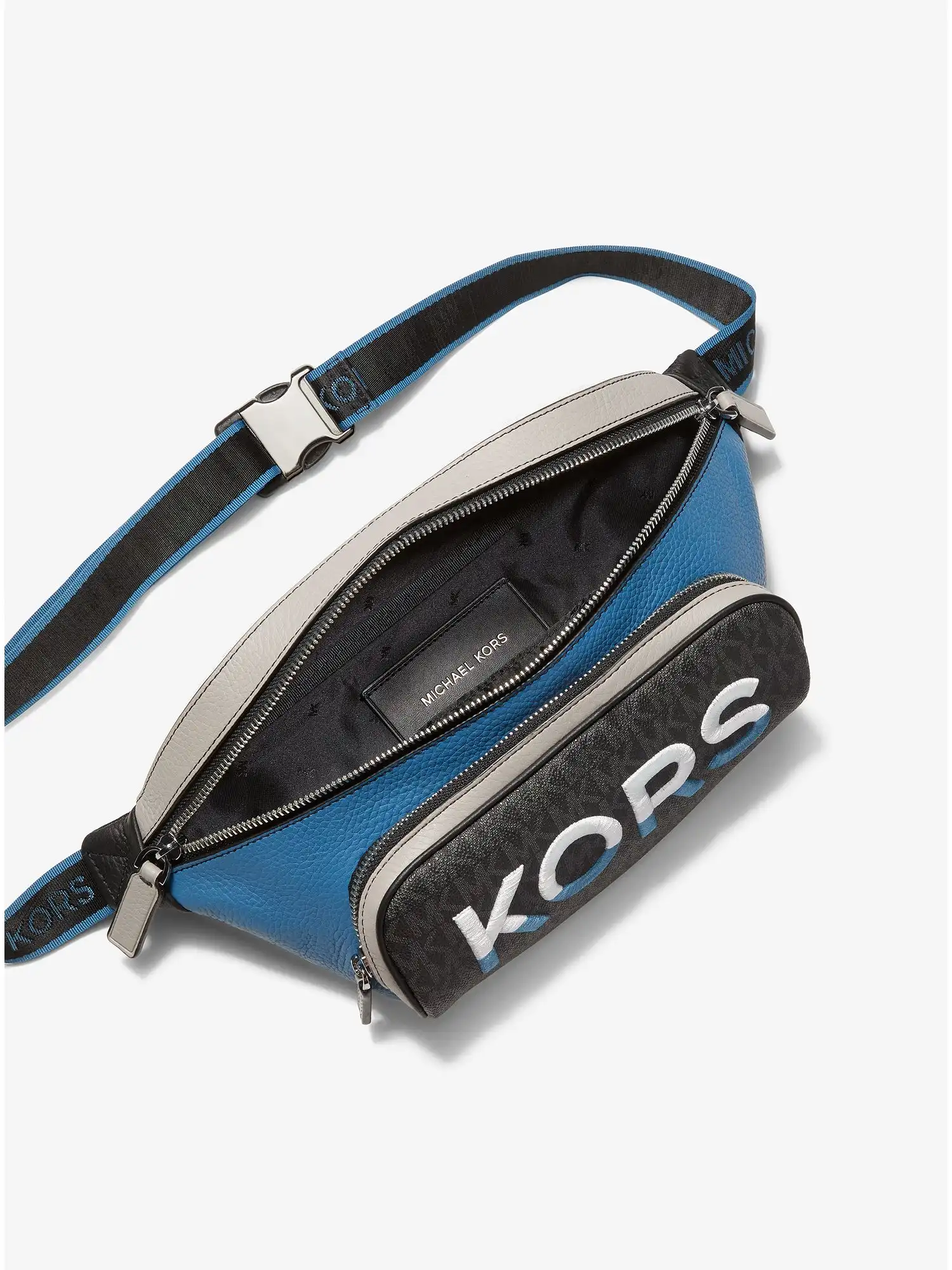 cooper embroidered two tone logo and leather belt bag blue