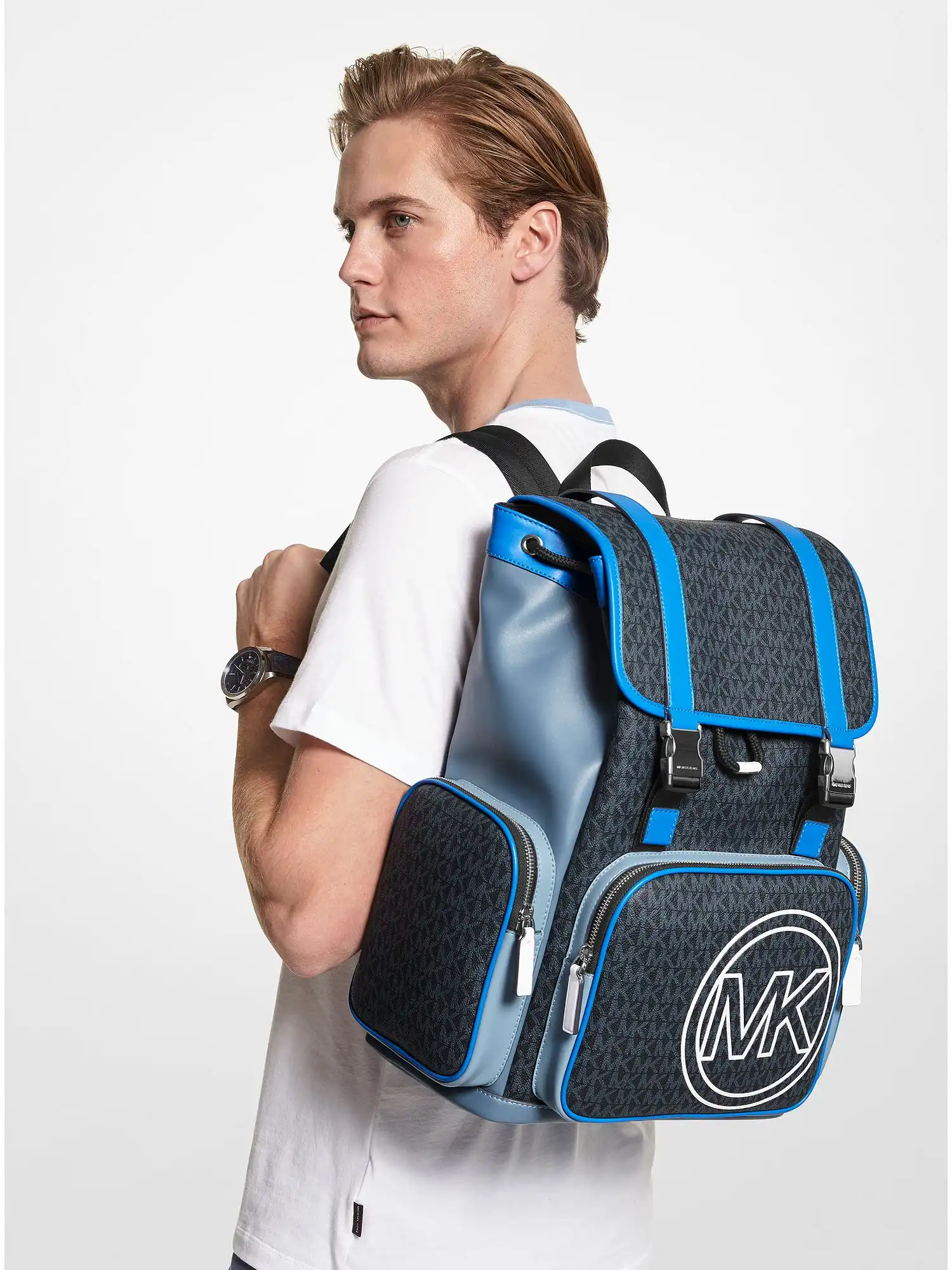 cooper logo and color block faux leather backpack blue multi