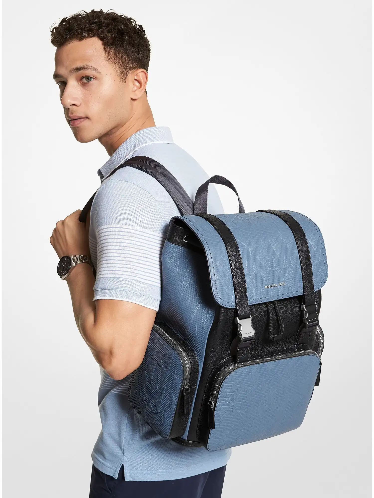 cooper logo embossed leather backpack denim