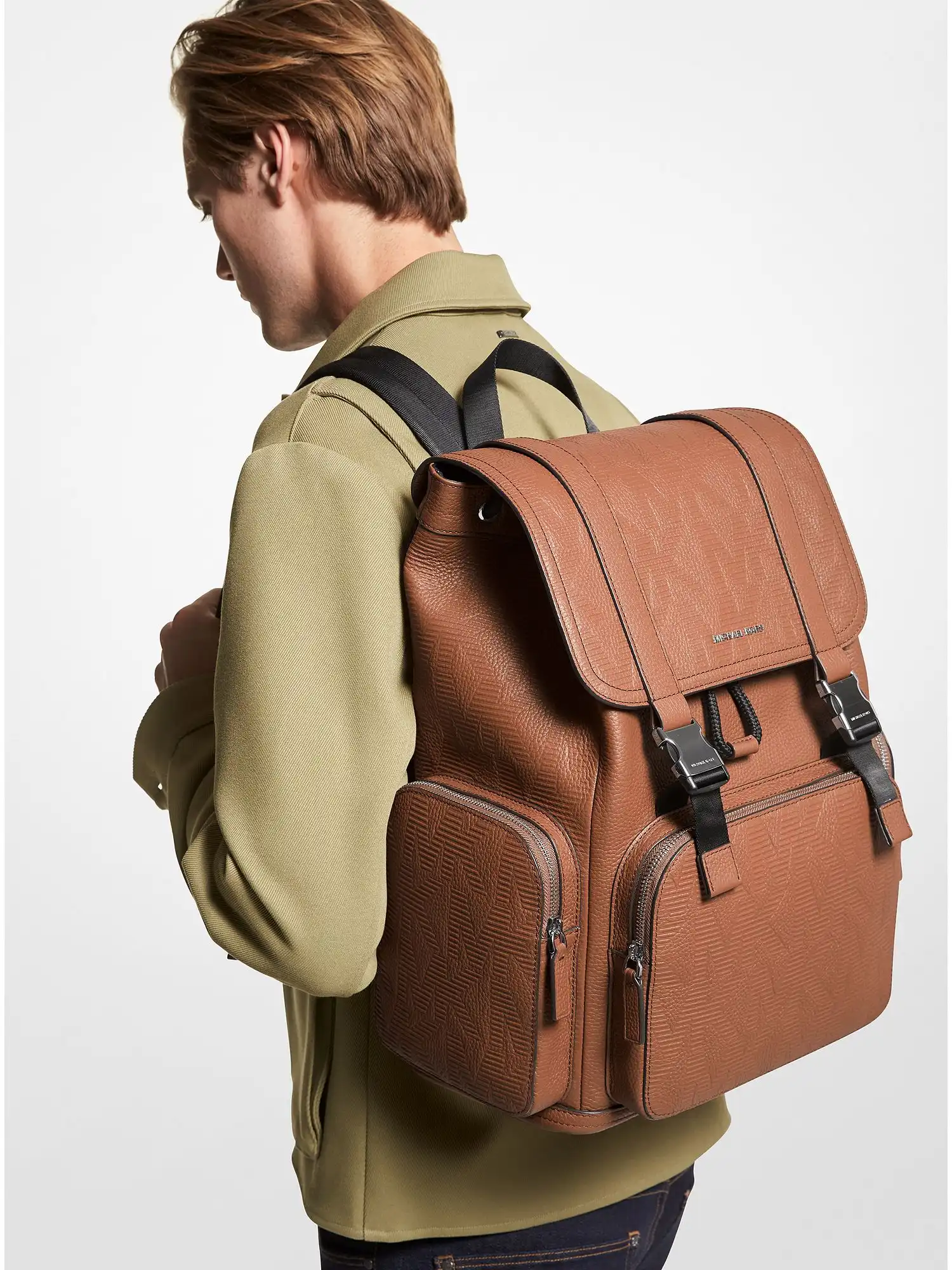 cooper logo embossed leather backpack luggage