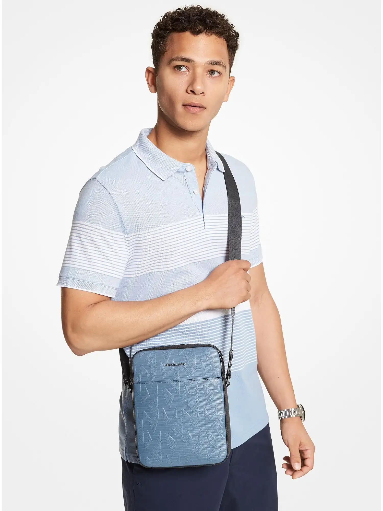 cooper logo embossed leather flight bag denim