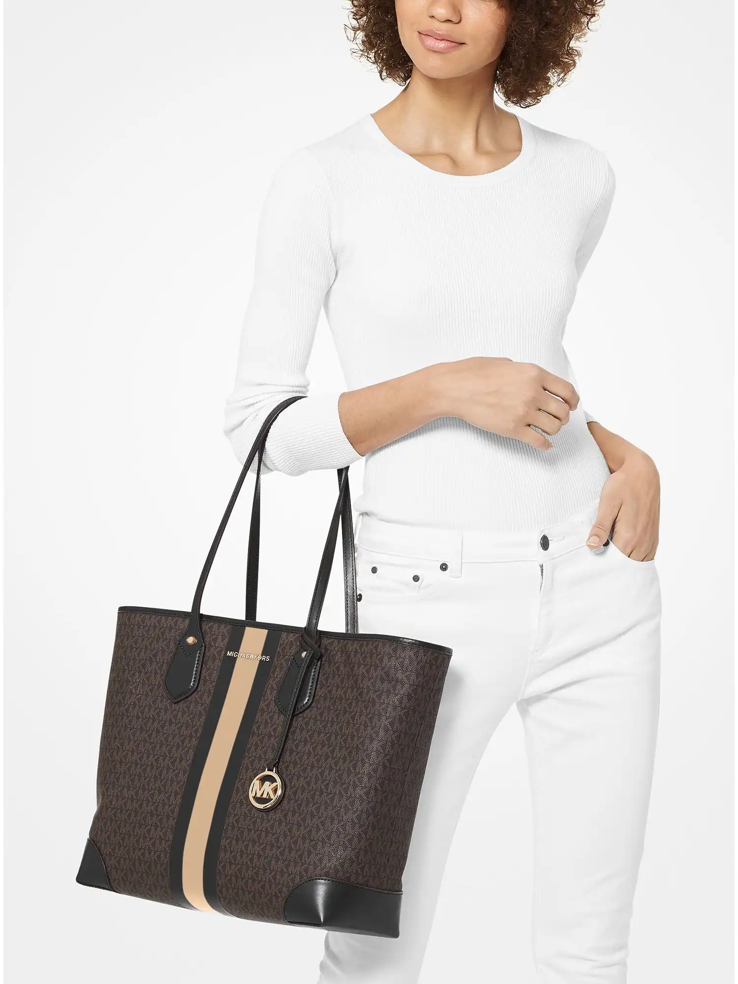 eva large logo stripe tote bag black camel