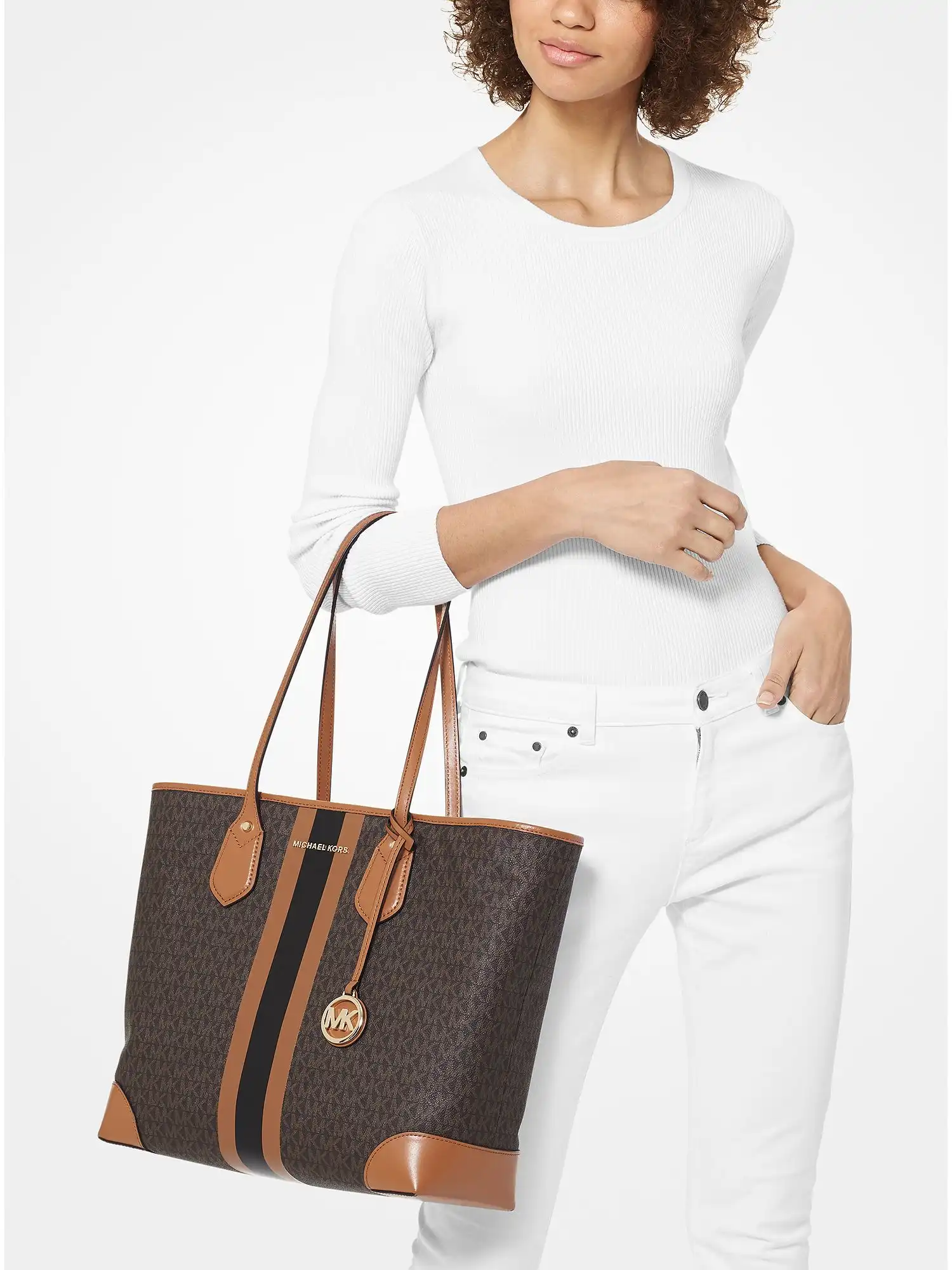 eva large logo stripe tote bag brn acorn