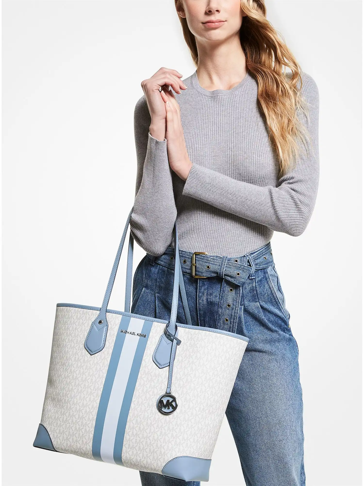 eva large logo stripe tote bag chambray multi