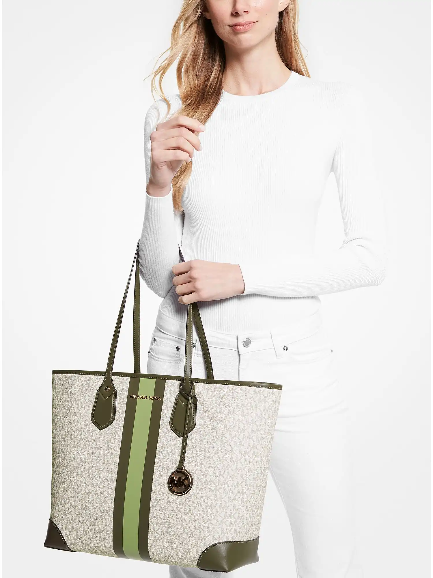 eva large logo stripe tote bag light sage olive