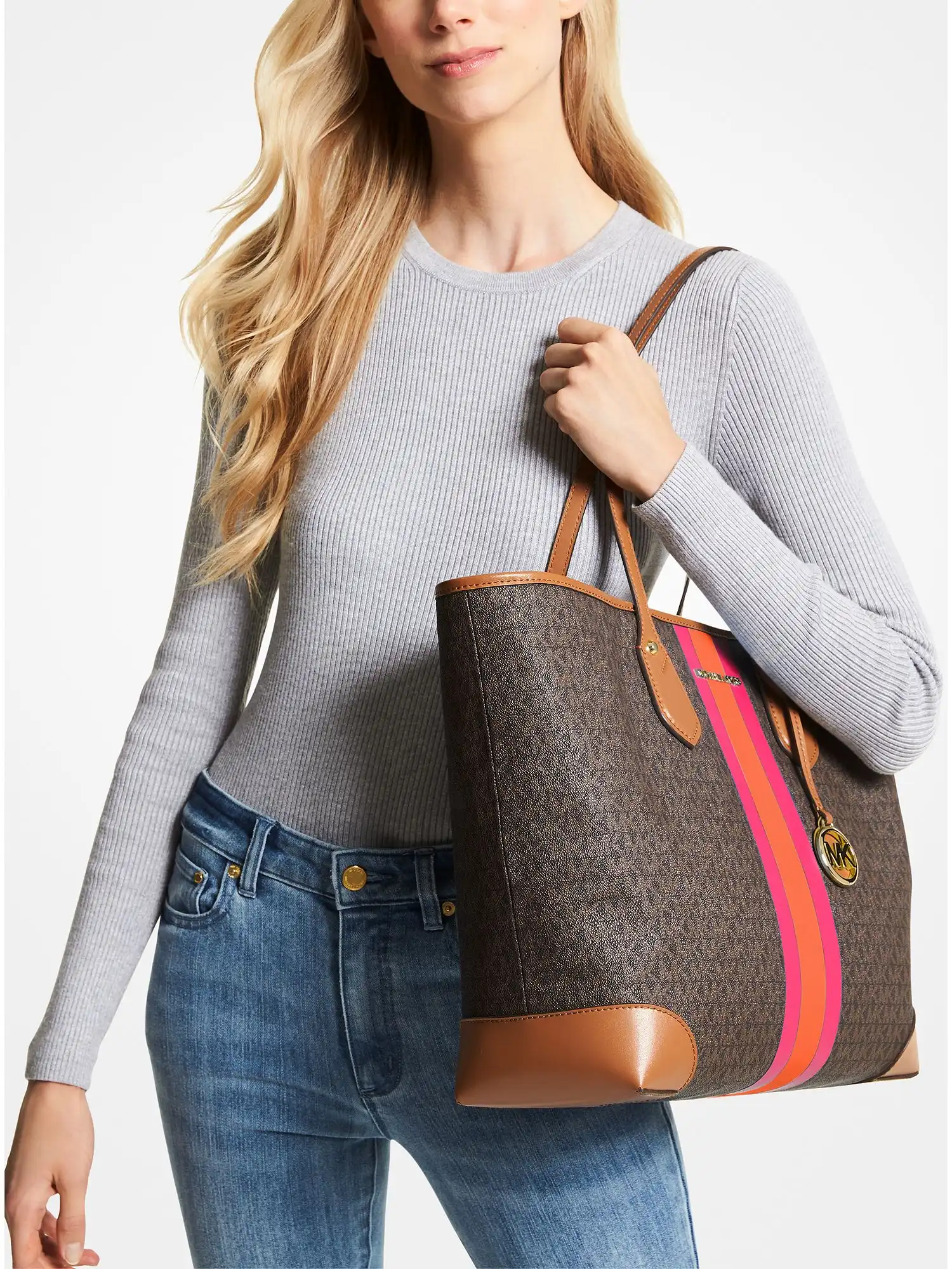 eva large signature logo stripe tote bag electric pink