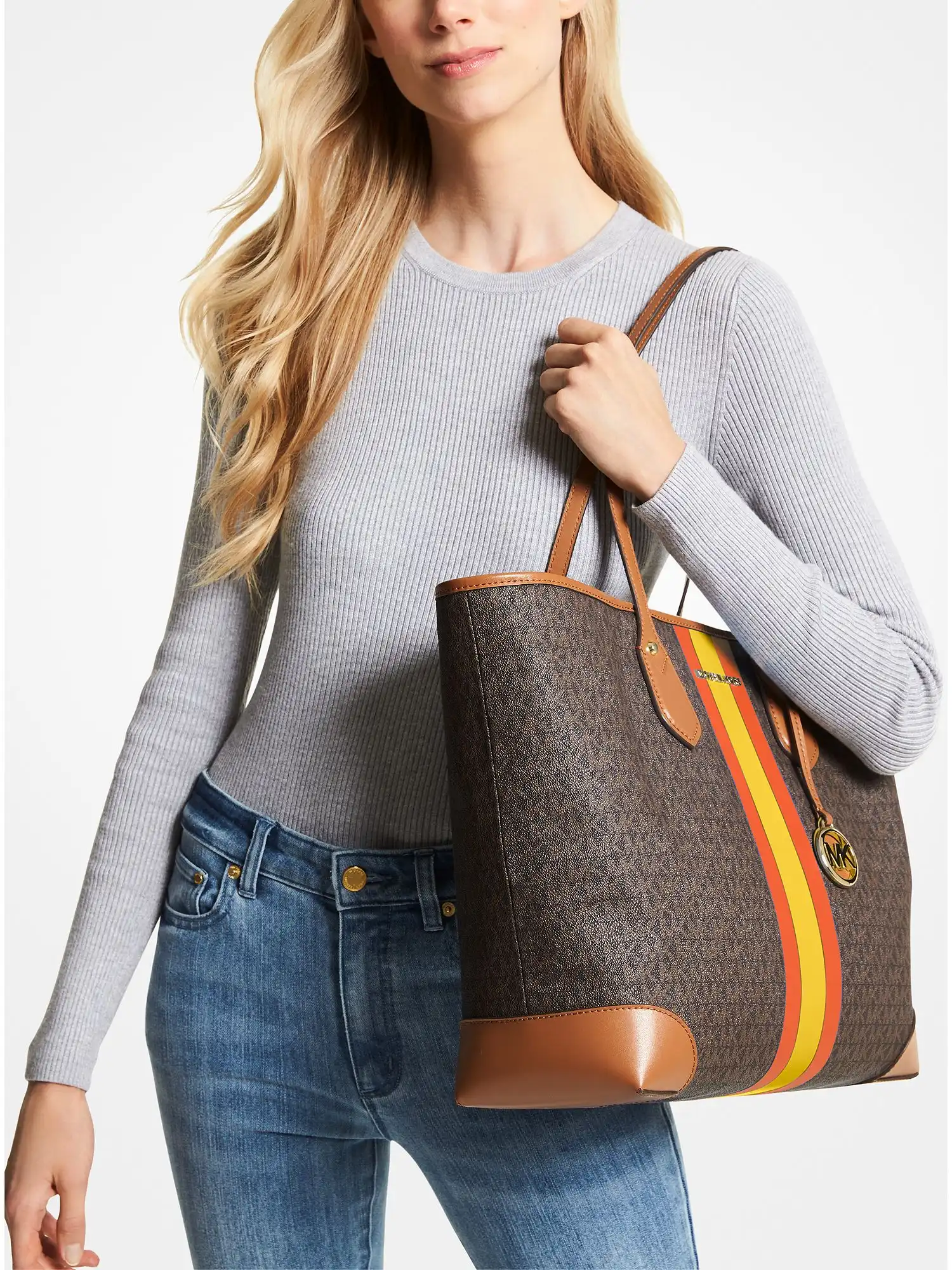 eva large signature logo stripe tote bag poppy