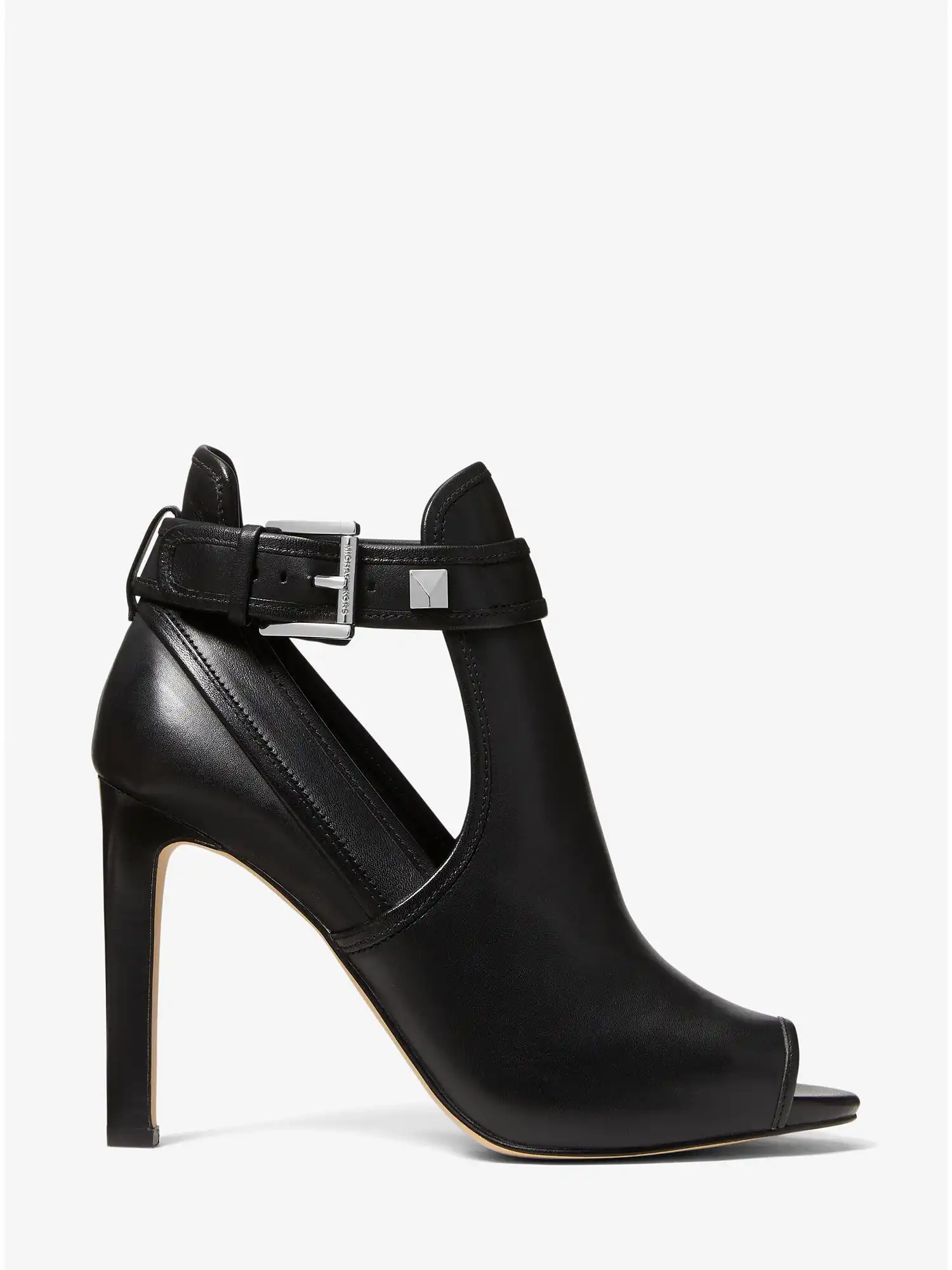 fanning leather open toe ankle boot black