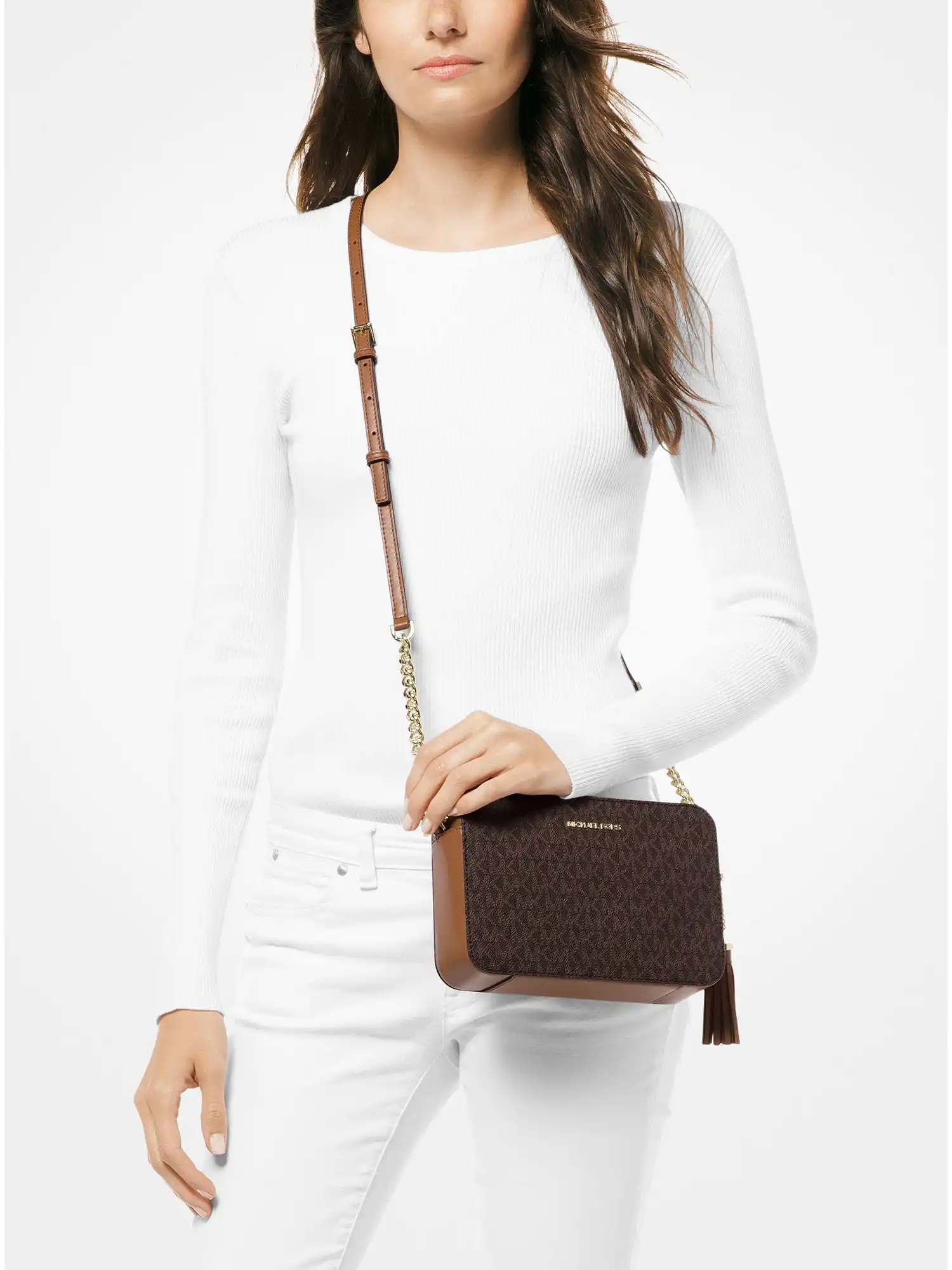 ginny medium logo crossbody bag brown