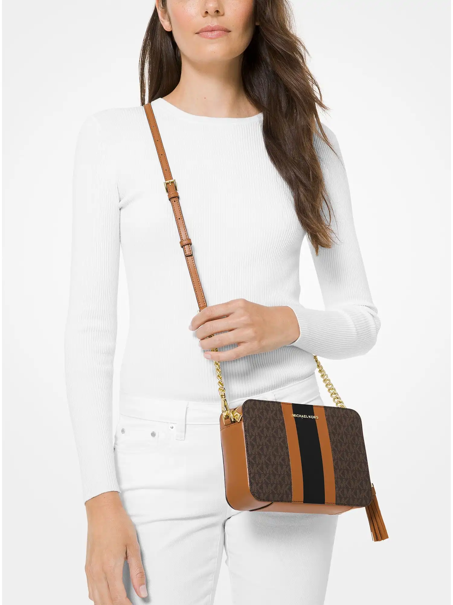 ginny medium logo stripe crossbody bag brn acorn