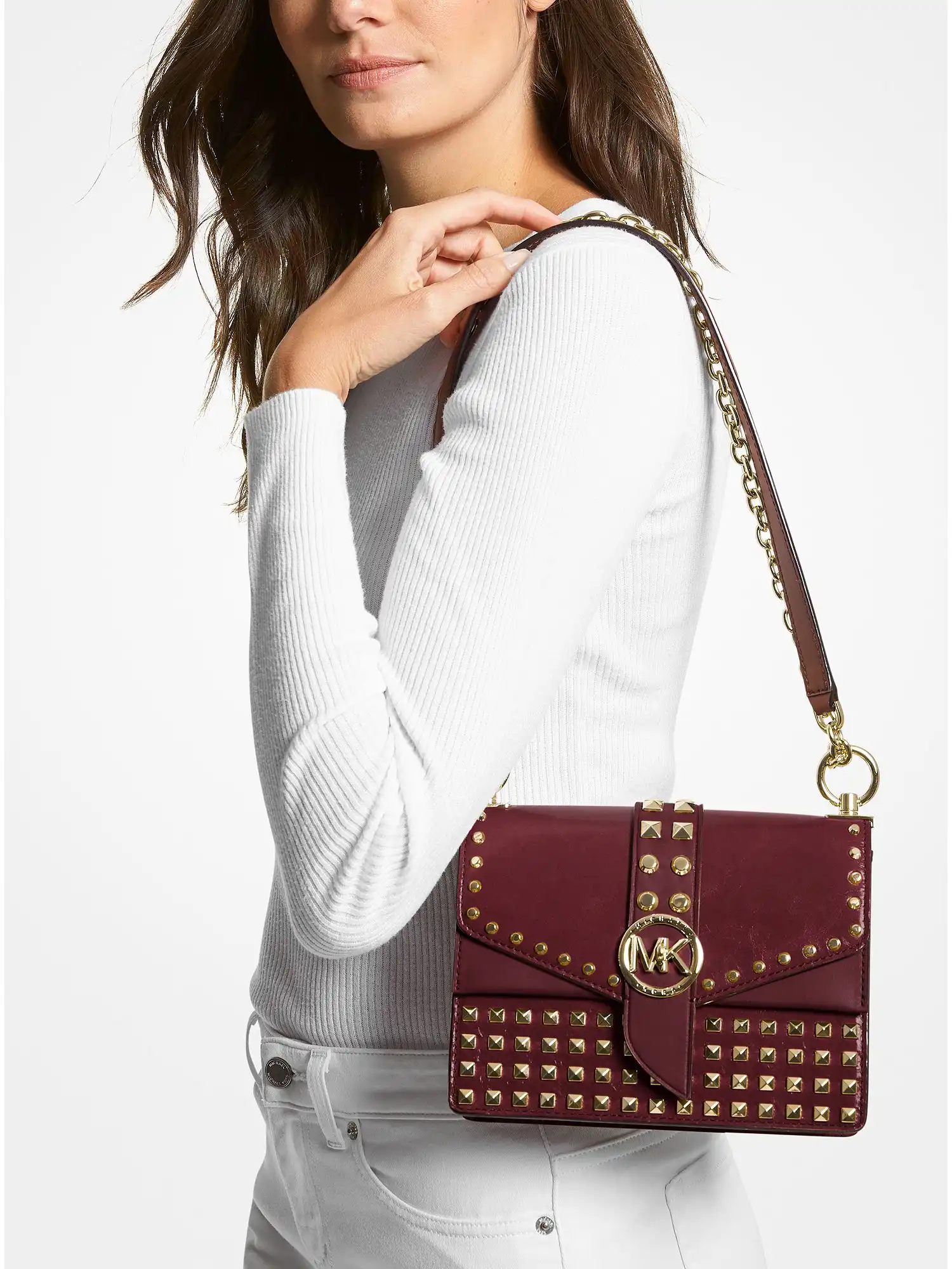 greenwich extra small studded patent leather crossbody bag dk berry