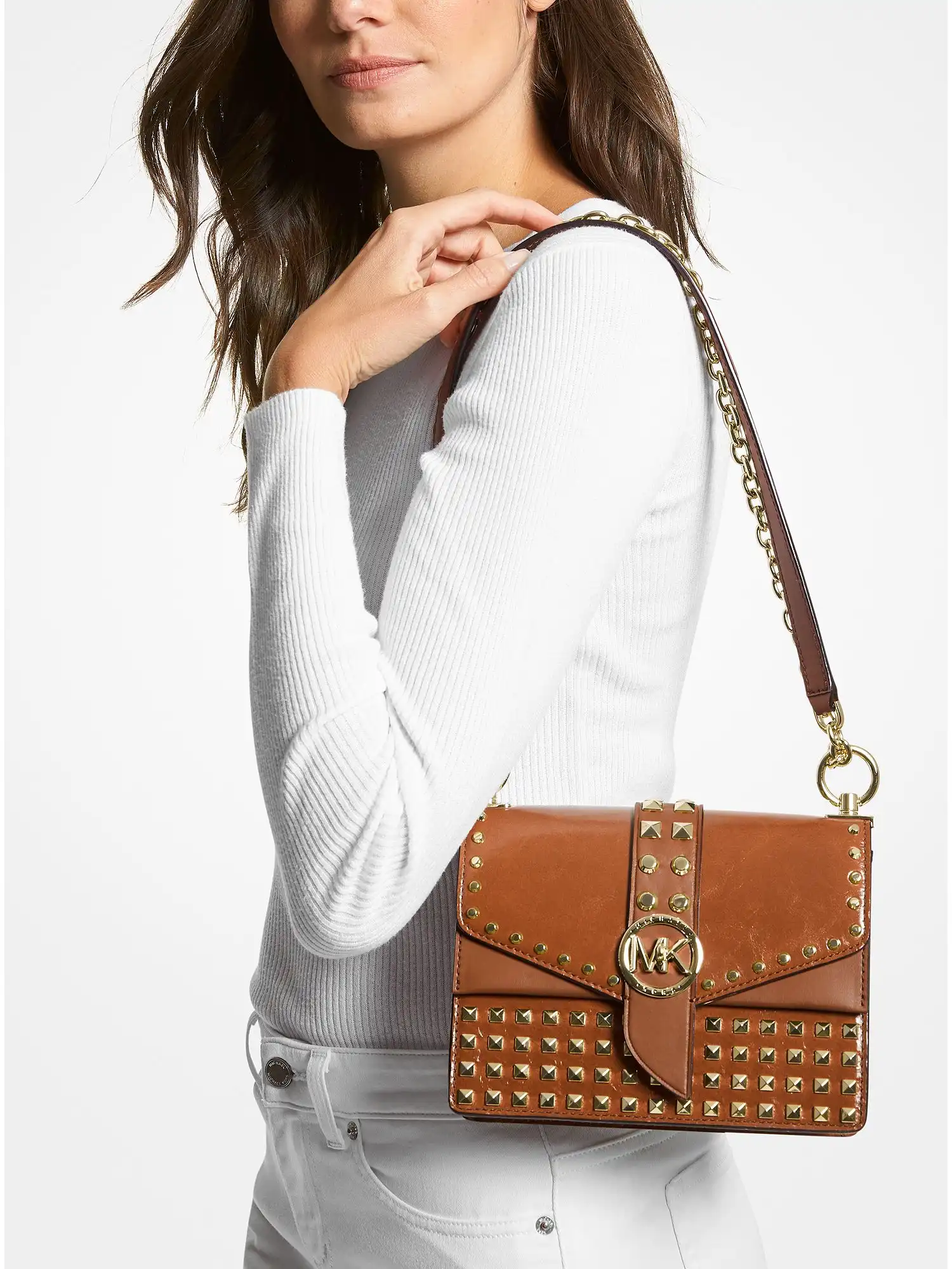 greenwich extra small studded patent leather crossbody bag luggage