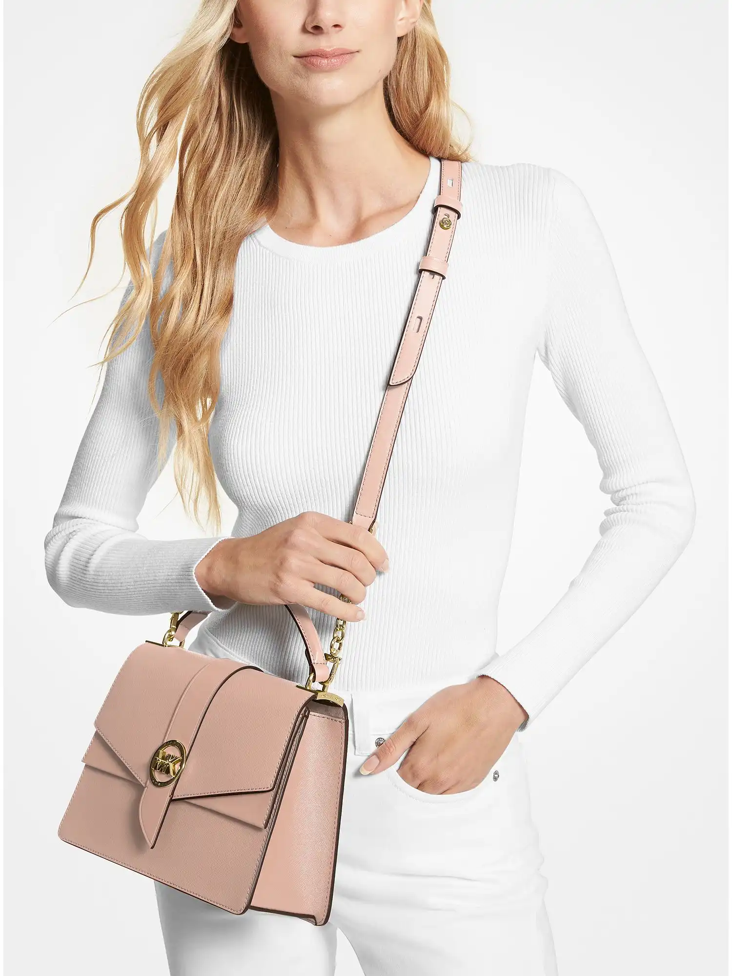 greenwich medium saffiano leather satchel soft pink