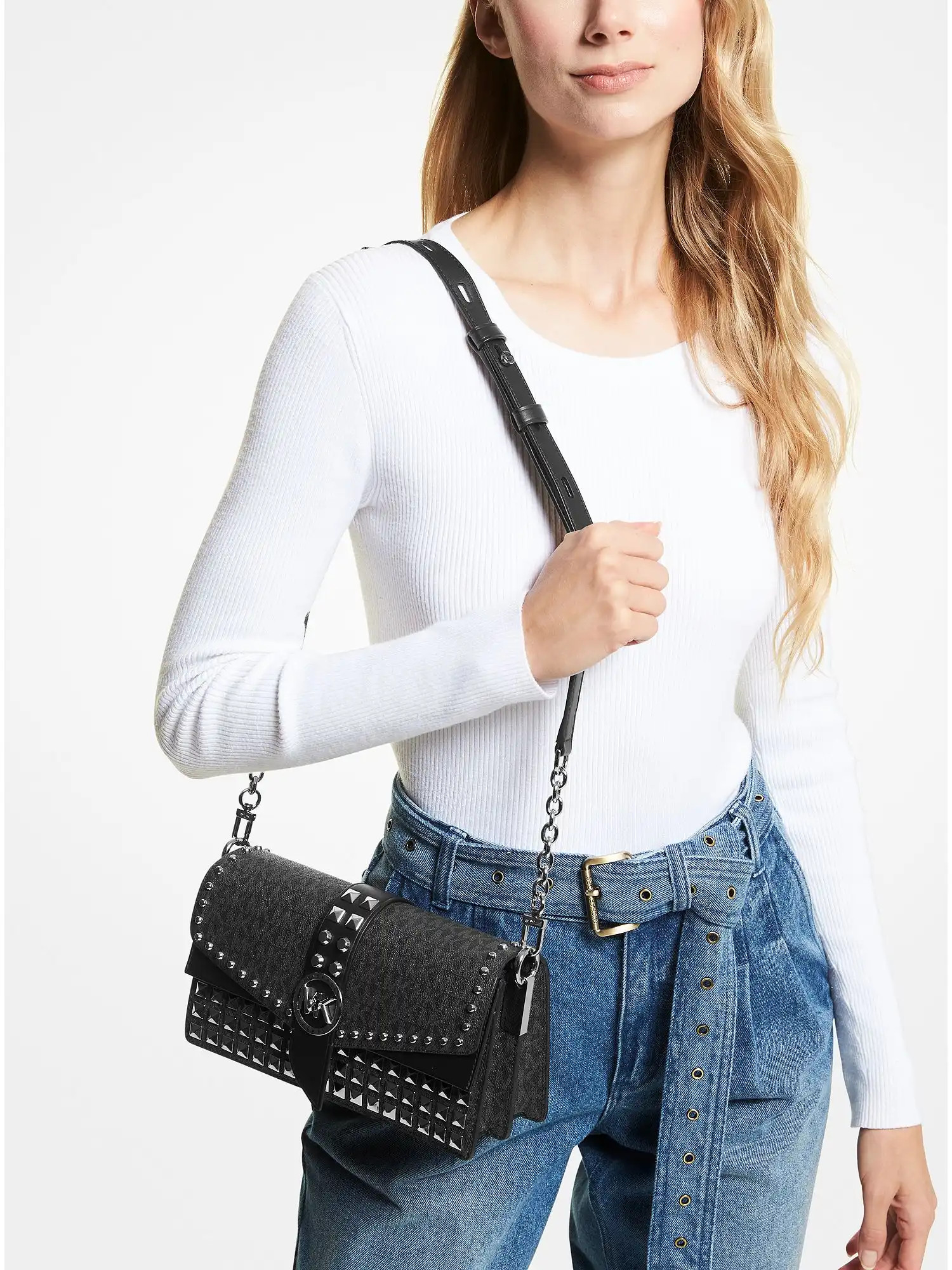 greenwich medium studded logo shoulder bag black